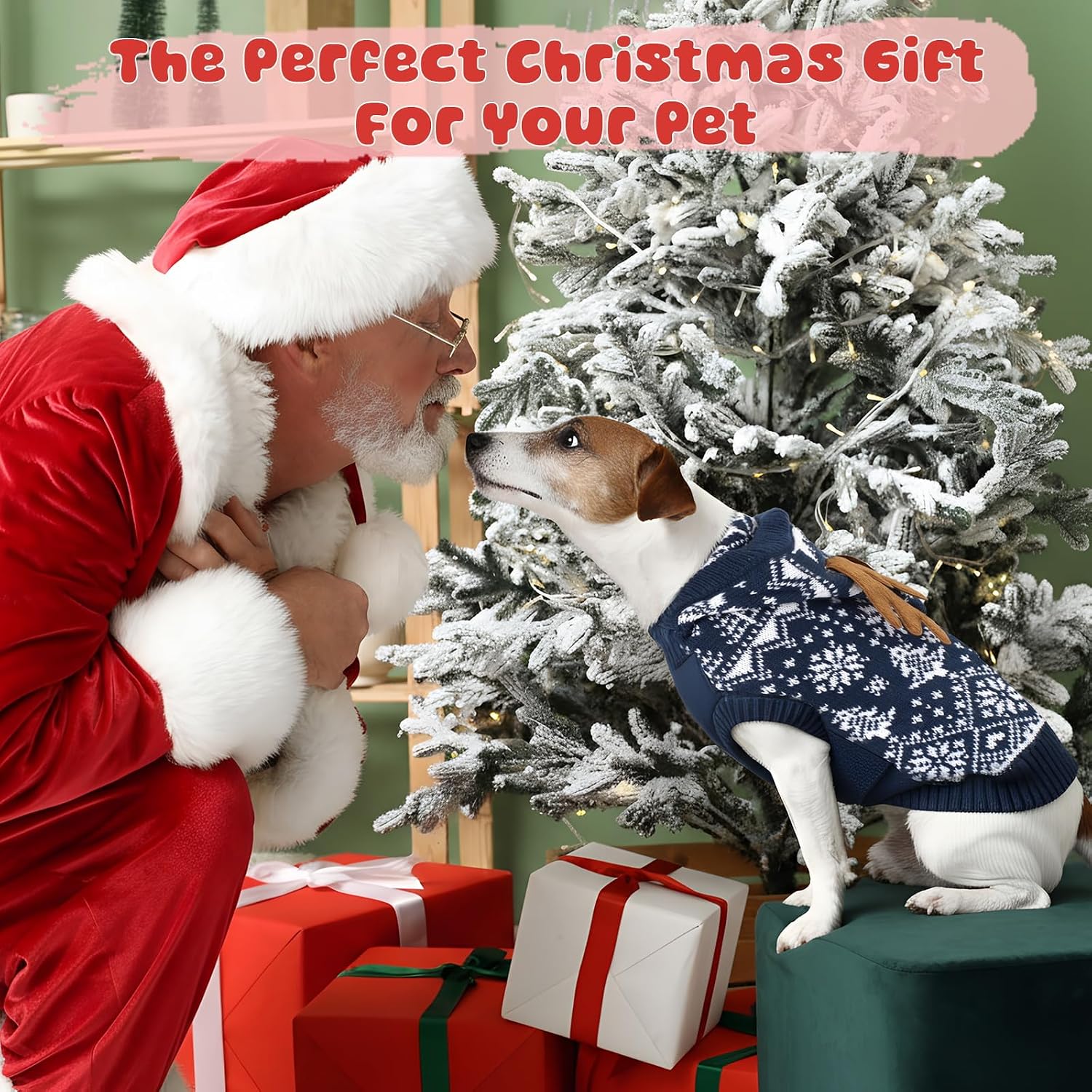 2 Pcs Christmas Dog Sweater Warm Winter Dog Hoodie Snowflake Christmas Tree Reindeer Pet Outfit Clothes Holiday Knitwear with Reindeer Antler Hood for Small Medium Pet Outdoors Playing(M)