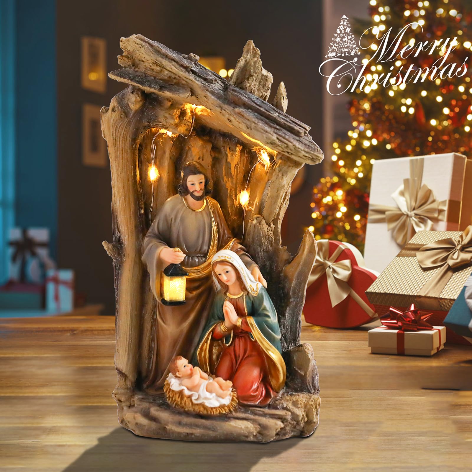 Yinns Zestaw szopki bożonarodzeniowej do wewnątrz, 30 cm, zestaw szopki z figurkami, podświetlana szopka bożonarodzeniowa, dekoracja stołu z żywicy religijnej, dekoracja stołu na Boże Narodzenie