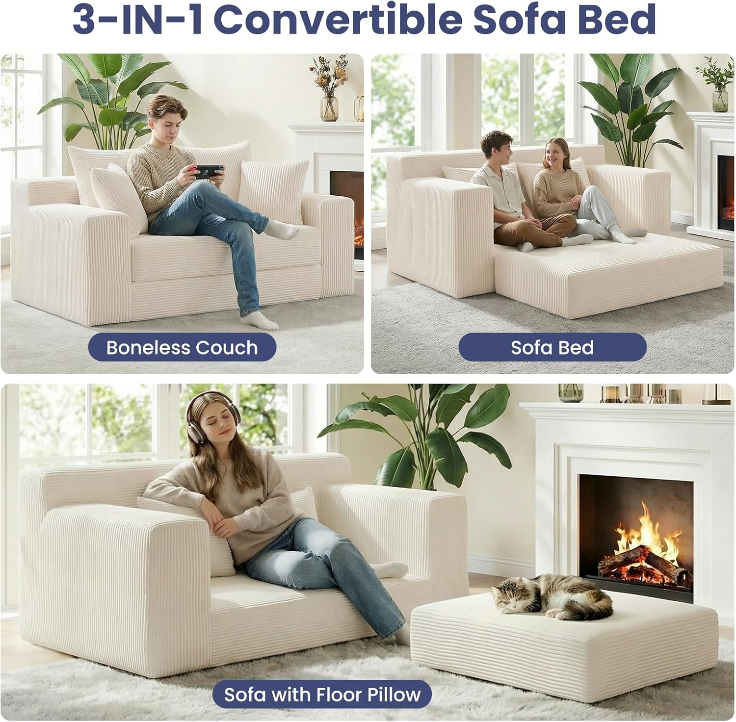 3-in-1 Convertible Sofa Bed: Boneless Loveseat Sleeper & Folding Couch Bed with 4 Pillows & Detachable Cushion for Bedroom, Small Space, Guest and Living Room, Corduroy Futon, No Assembly,Beige