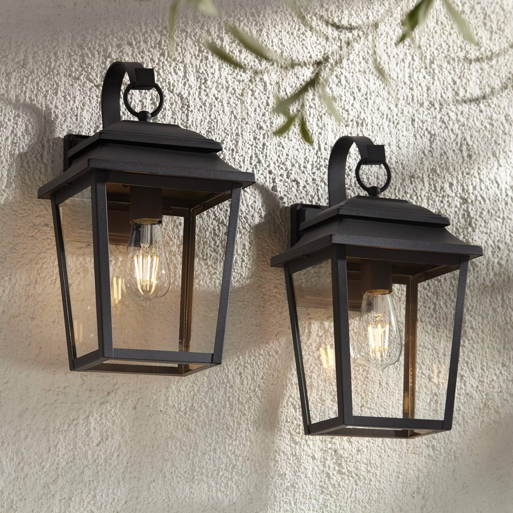 John Timberland Bellis Verde Modern Outdoor Wall Light Fixtures Set of 2 Textured Black Lantern Frame 15 1/4" Clear Glass Panels for Post Exterior