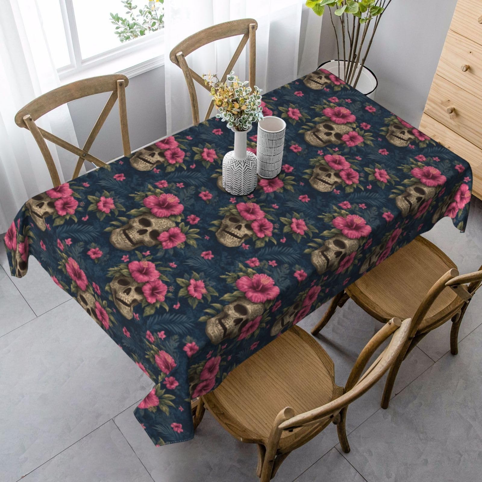 Nappe réutilisable lavable crâne et fleurs roses hawaïennes imperméable pour table de jardin