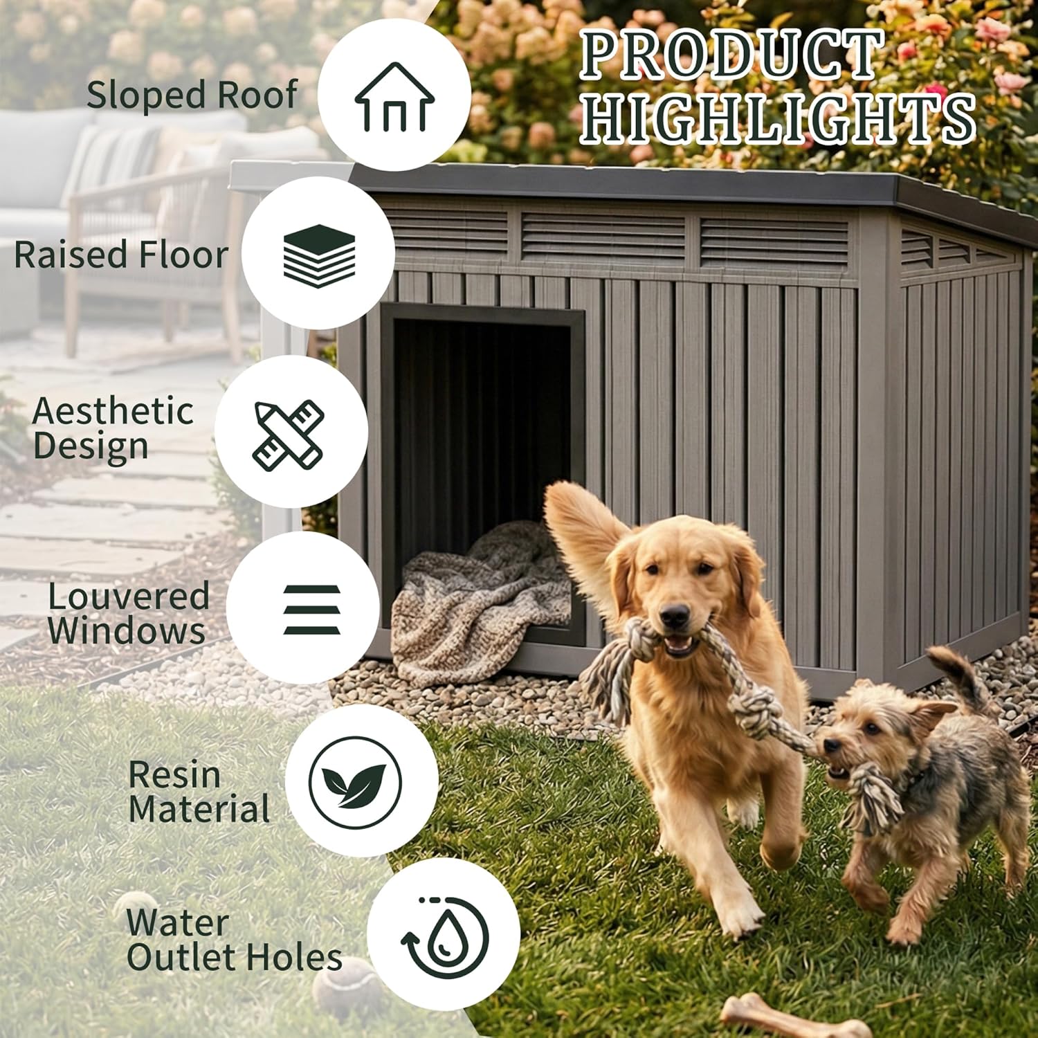 EasyUp Outdoor Dog House, Waterproof & UV Resistant Resin Dog Houses Shelter with Venetian Blinds and Open-Front Design, Large Dog House for Backyard, Patio(Grey,32.2 * 25.12 * 24.13inch)