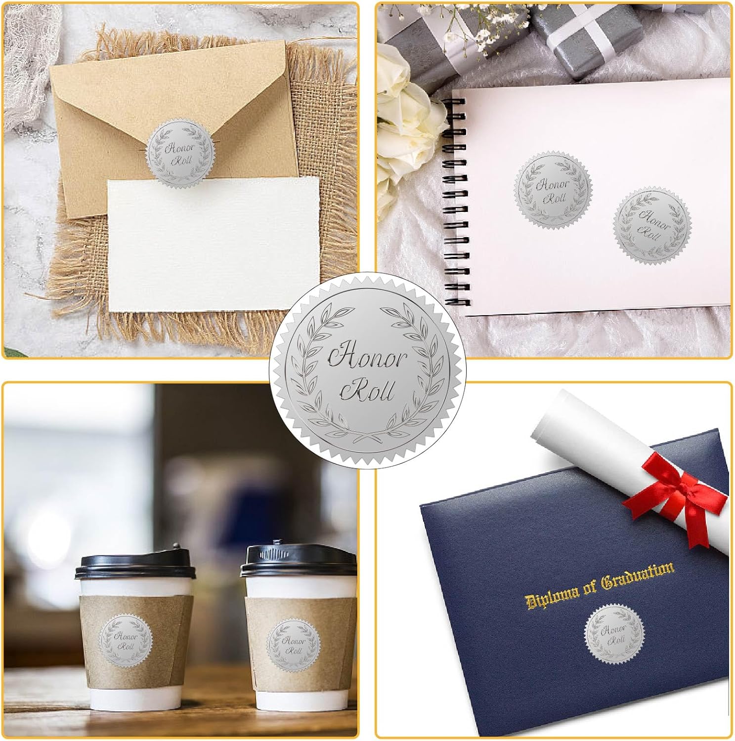 CRASPIRE 408pcs 2 Inch Honor Roll Silver Foil Stickers Garlands Graduation Season Silver Embossed Envelope Seals Stickers Round Self Adhesive Stickers Medal Decoration Label for Gift Packaging