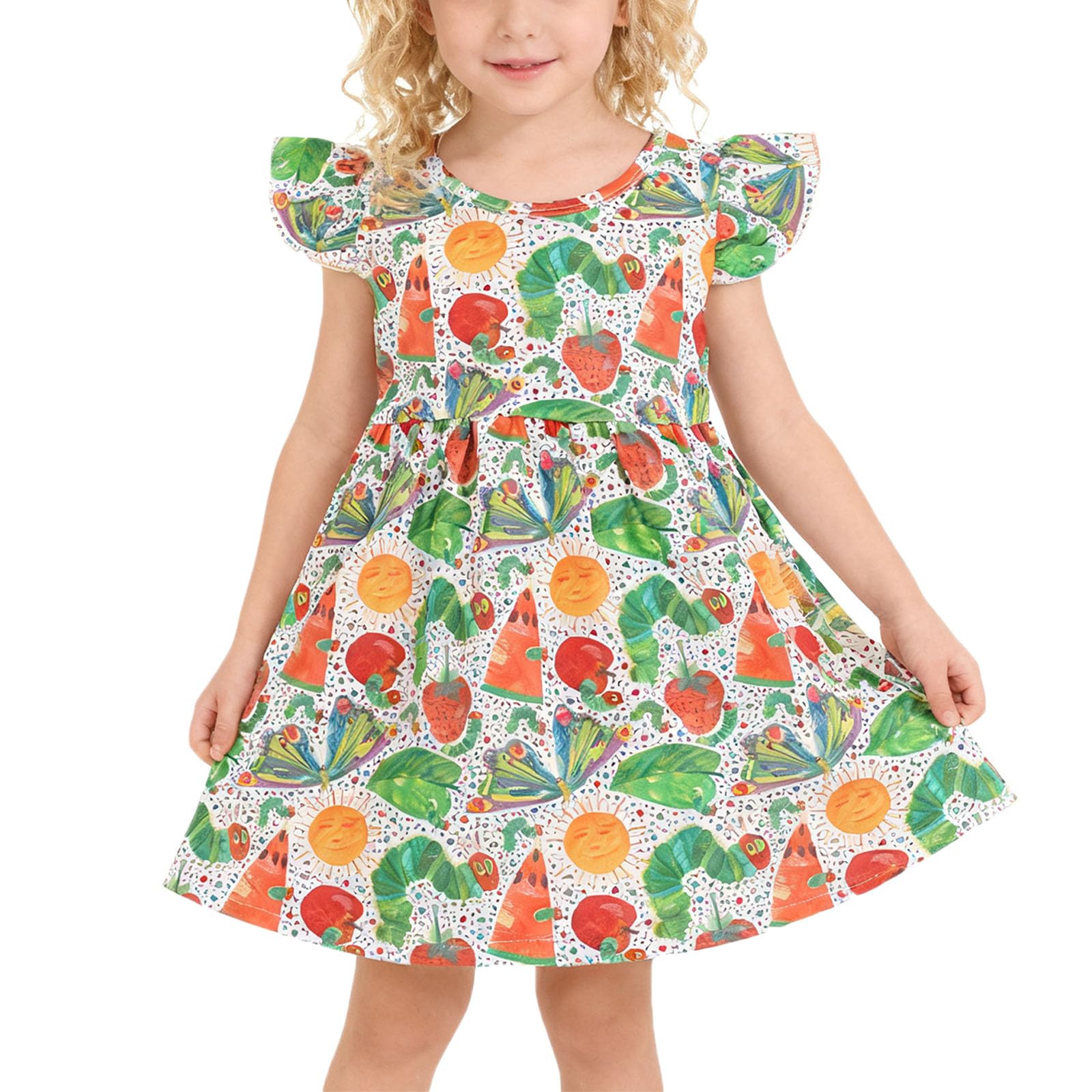 Toddler Girls Dress Cattle Cartoon Casual Print Dresses Flutter Sleeve Outfits 2-8Y