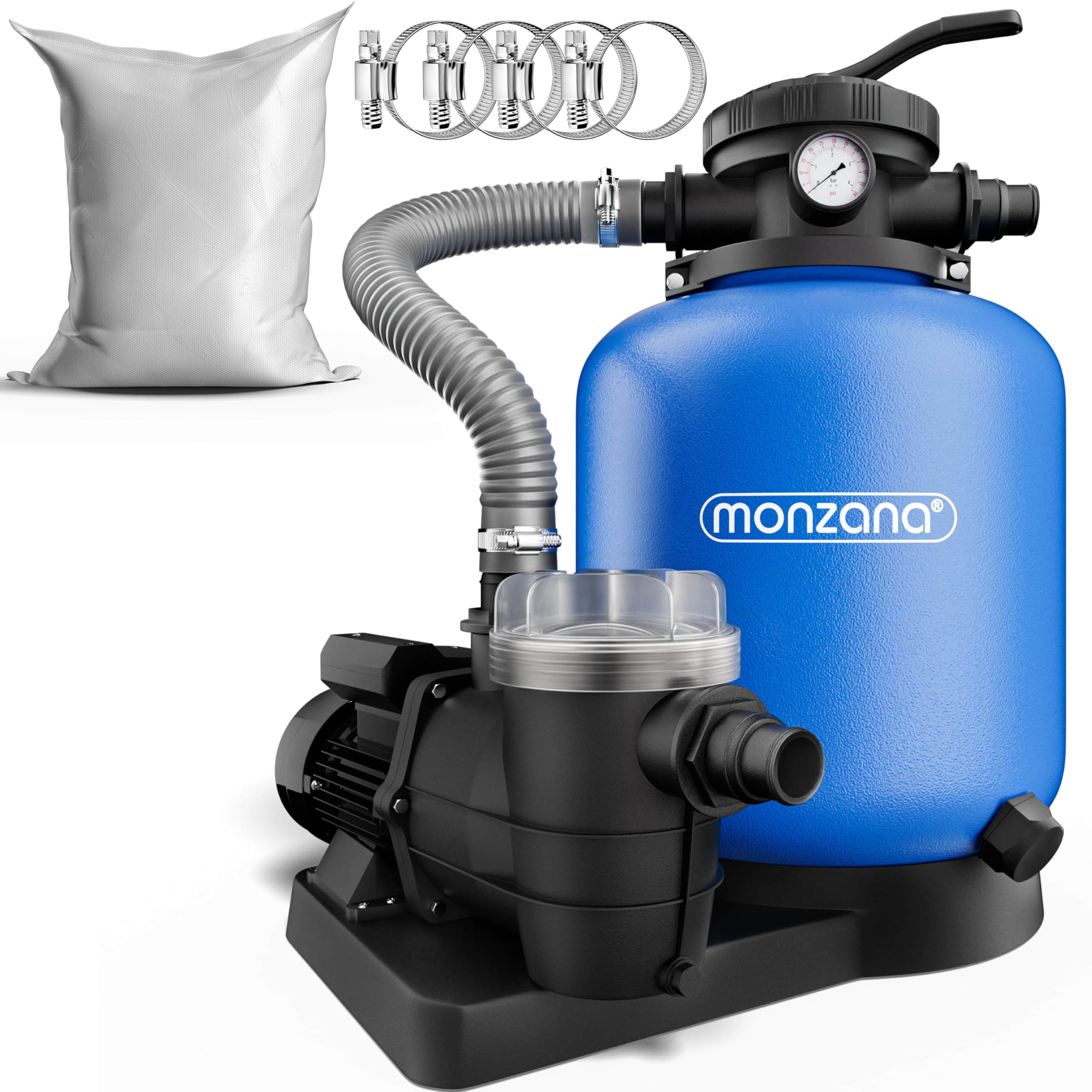 Monzana Sandfilteranlage 9.960 L/h mit Vorfilter 7 Wege Sandfilter Filteranlage Poolfilter 30 Liter Tank inkl. 25kg Filterglas