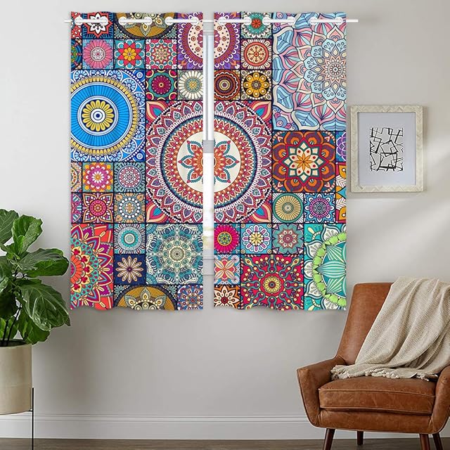 YISUMEI - Thermal Insulated Blackout Curtain Material Ring Top Curtain for Bedroom Livingroom - Stitching Mandala - 110 x 160 cm (WxD) 2 Panels