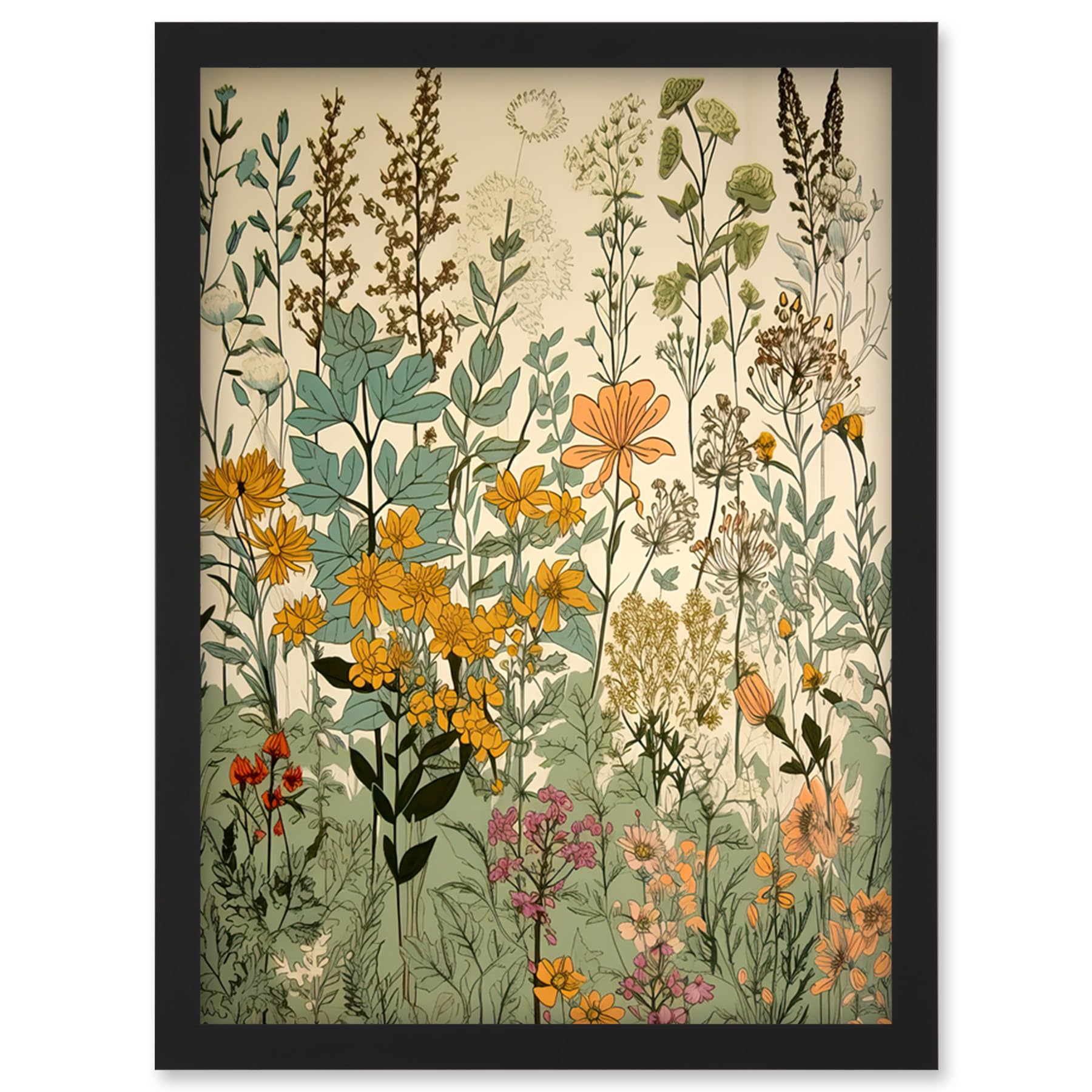 Artery8 Wildflower Vintage Botanical Painting Pastel Yellow Green Teal Pink Spring Field Artwork Framed Wall Art Print A4