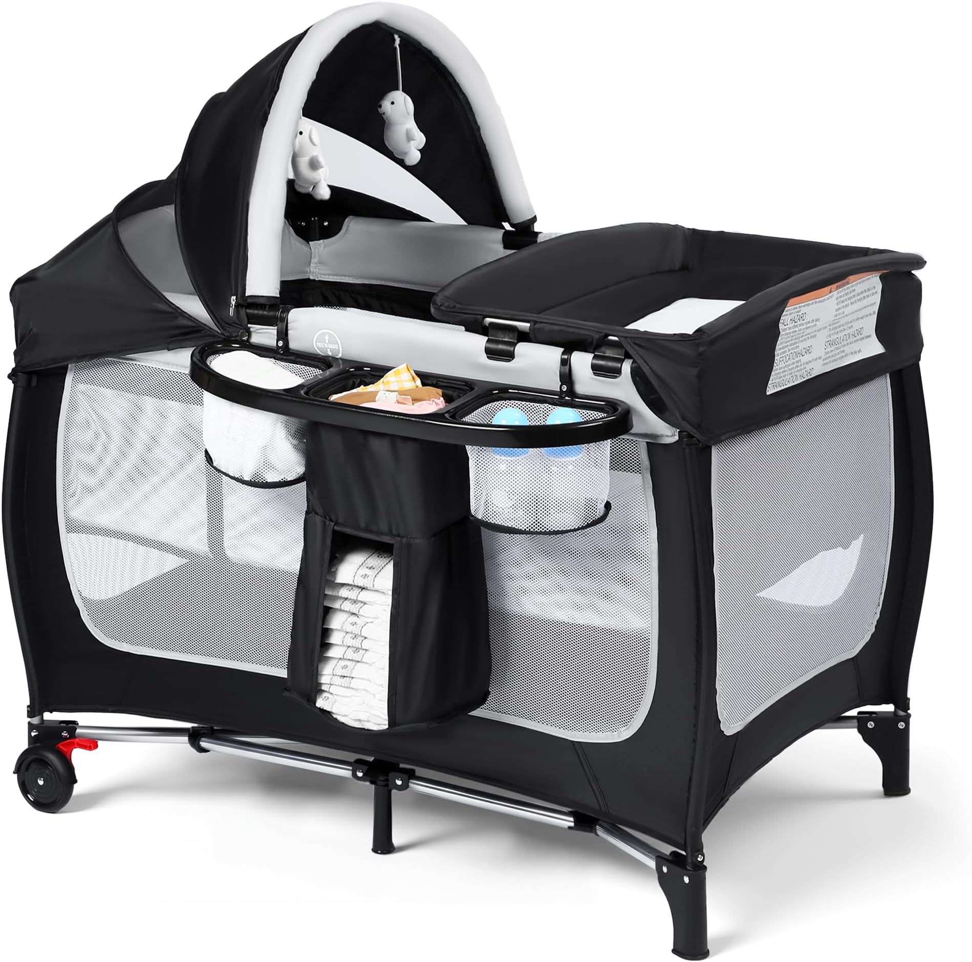 Kinder King 4 in 1 Portable Pack and Play, Baby Playard w/Bassinet, Large Playpen for Infant and Toddler, Newborn Changing Table, Adjustable Canopy, Storage Basket, Travel Bag, Black