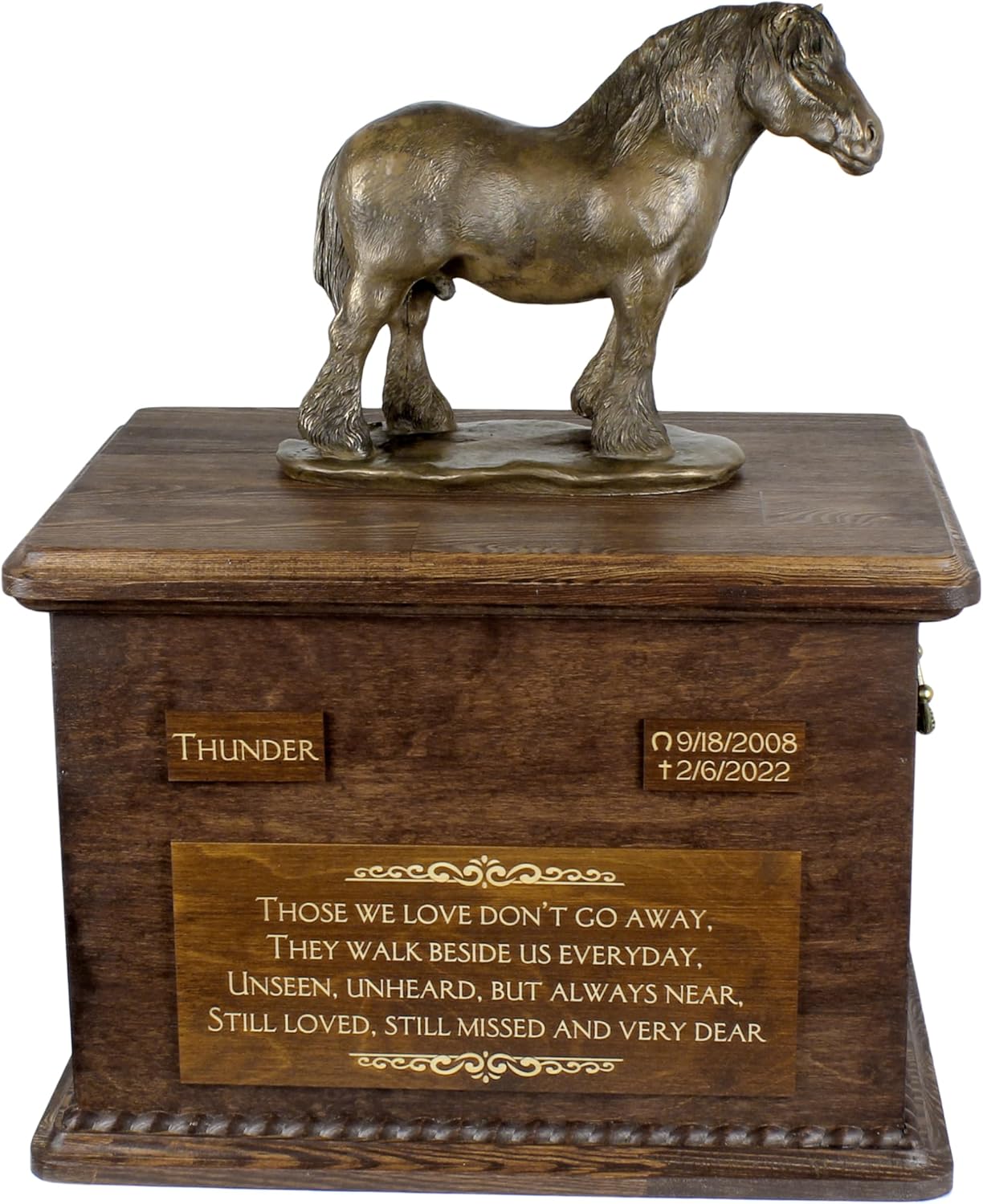 Art-Dog Big Urn for Horse Ashes - Handmade Memorial with Photo - Personalized Custom Horse Urn with Brass Handles and Ceramic Plaque - 15.7x11.8x11” – Percheron- Belgian