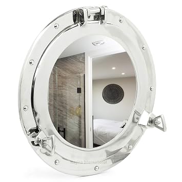 Nagina International Metal Crafted Nickel Plated Aluminum Porthole Bathroom Decor Mirror 15 Inches