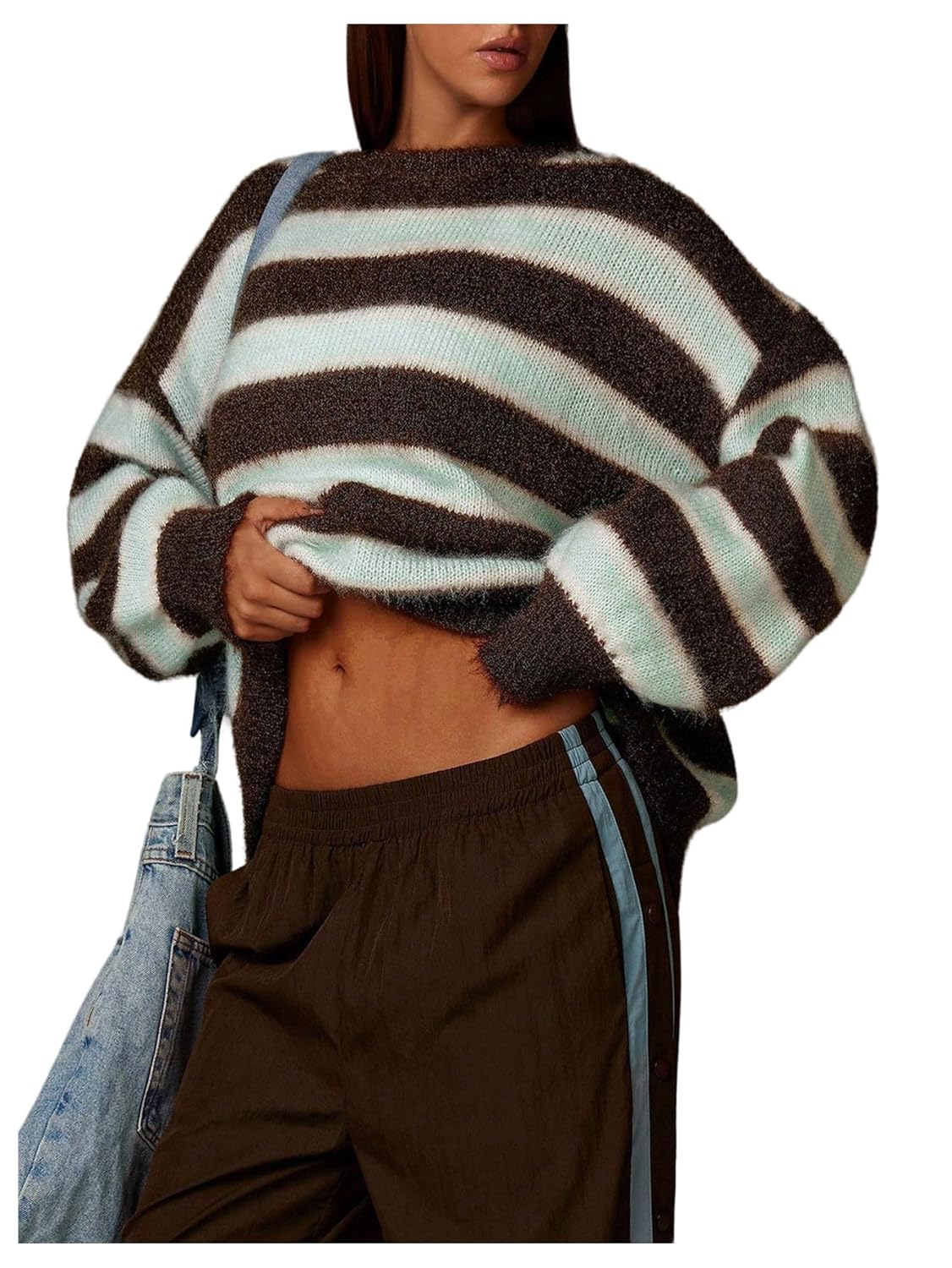 MakeMeChic Womens Striped Long Sleeve Sweater Color Block Crew Neck Oversize Chunky Pullover Tops
