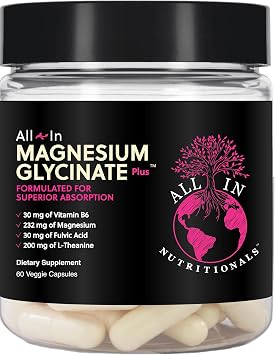 All-In Nutritionals Magnesium Glycinate + Capsules Supports Multiple Systems,1200mg, 60 Count Capsules - Vegan - Added L-Threonate and L-Theanine - BIOAVAILABLE
