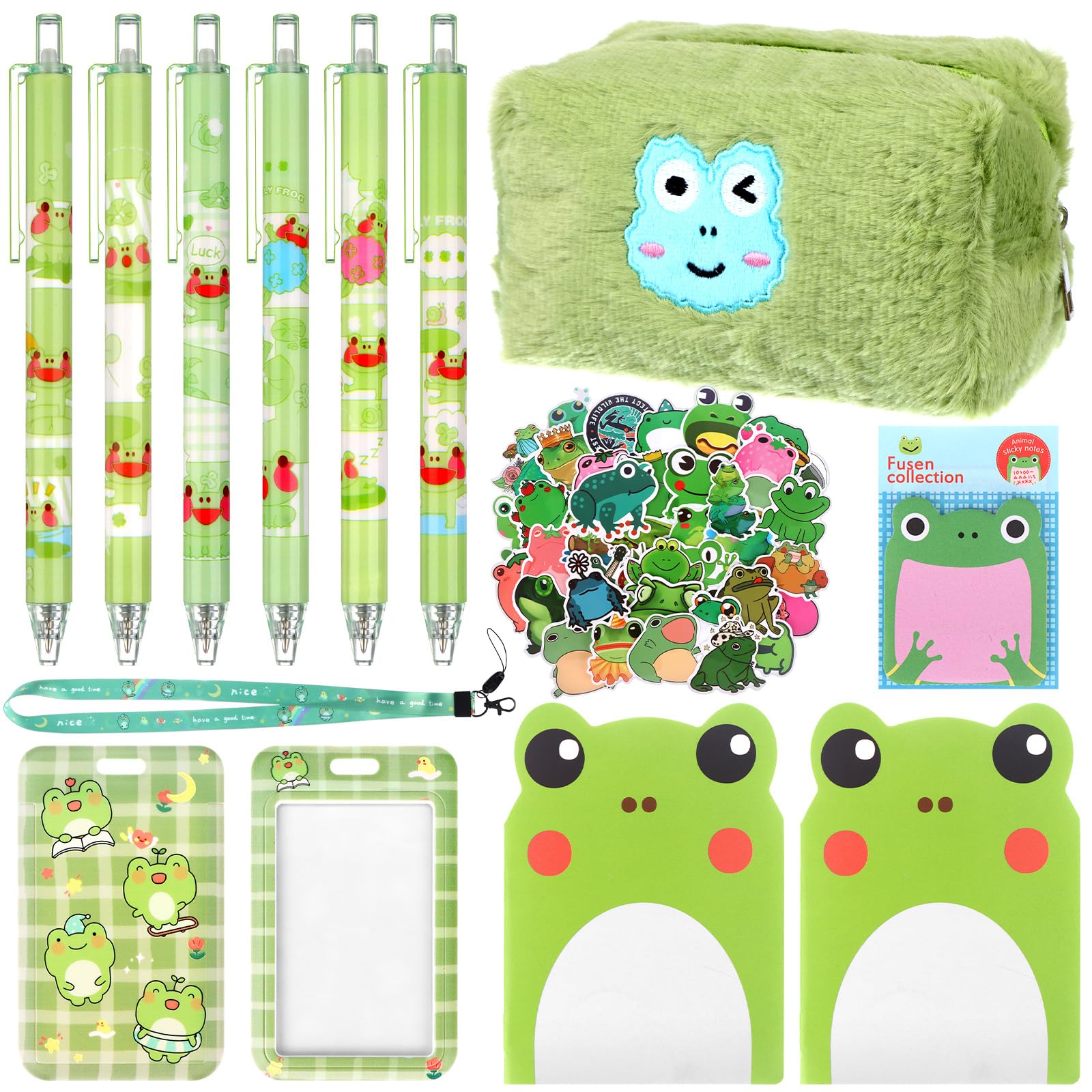 61 Pcs Frog Stationery Set Frog Pencil Pouch Frog Pens Notebooks Sticky Notes Stickers ID Card with Lanyard, Frog Party Favours for Women Girls Frog Lovers Student Teacher Office School Supplies
