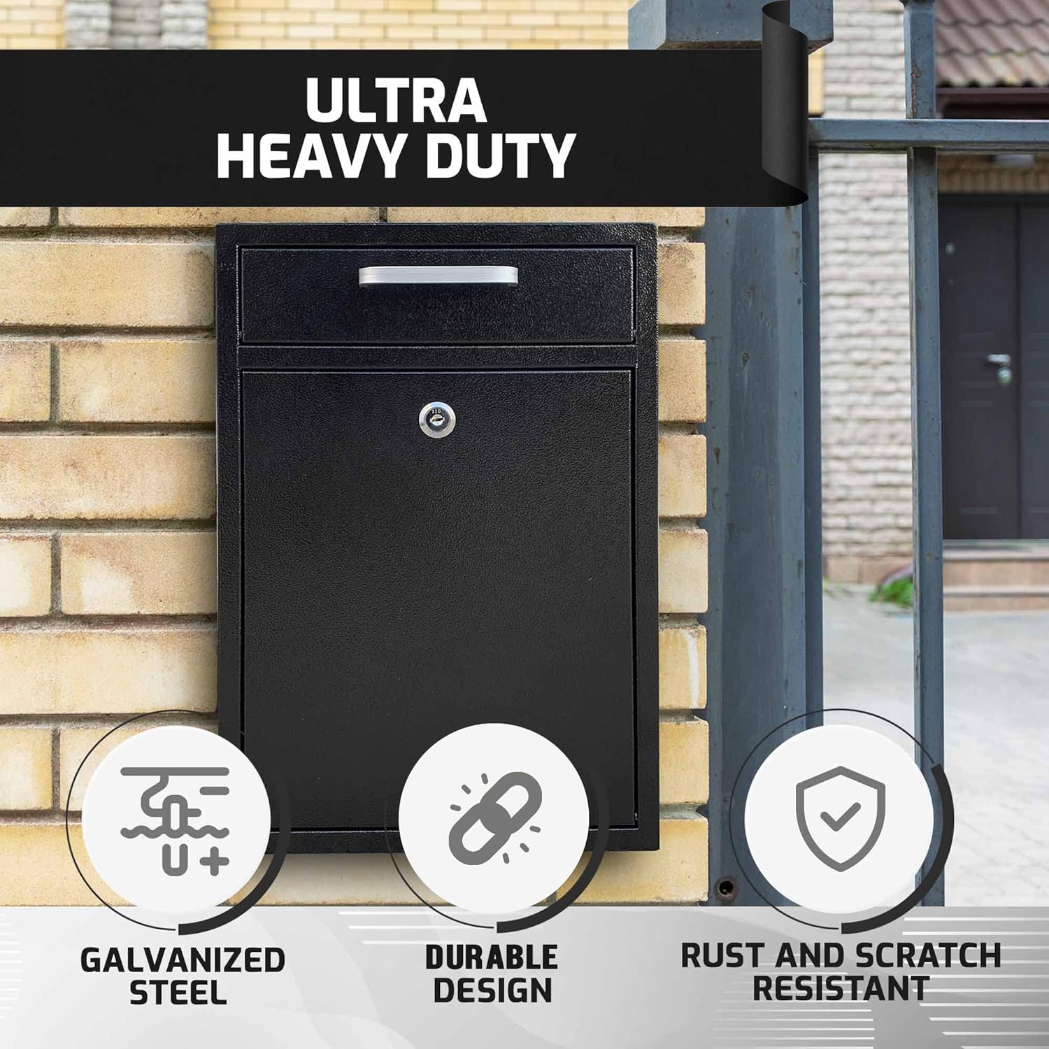 Locking Mailbox Wall Mount - Galvanized Steel Mailbox with Keys for Outdoor - Secure Modern Design Large Drop Box for House & Office