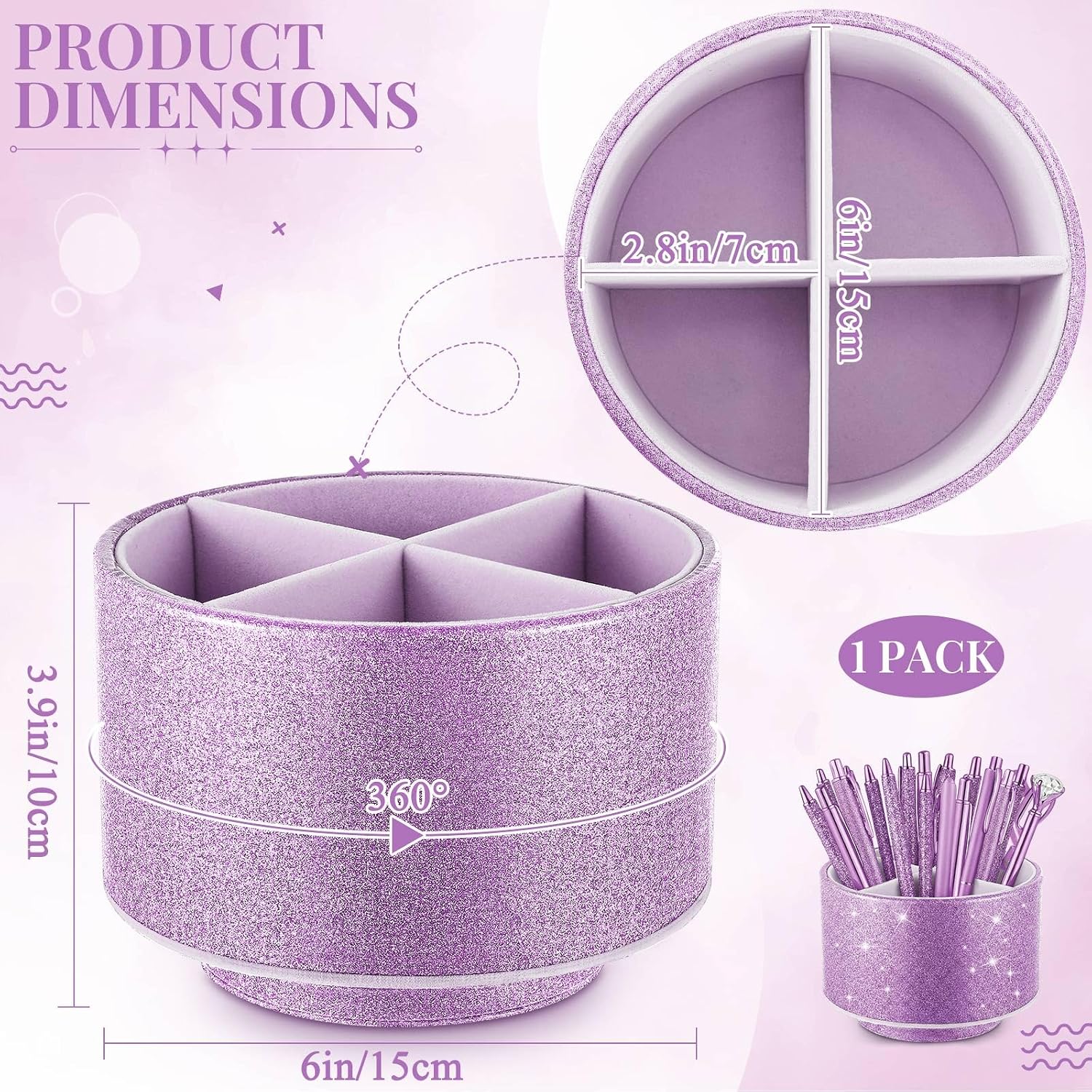 Epakh Bling Pen Holder 360 Spinning 6 Inch 4 Compartments Purple image 2
