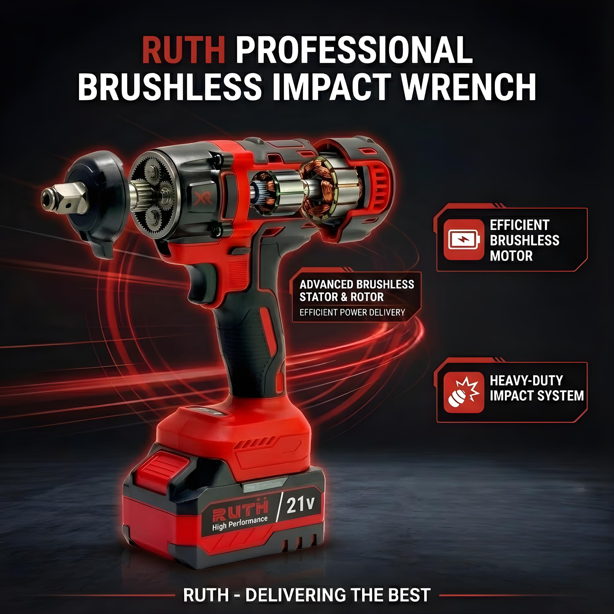 RUTH 21V Cordless Brushless Impact Wrench Set, 450Nm Max Torque, 1/2" Drive, 2x Lithium Batteries, Charger, Socket Set & Drill Bits β Variable Speed, Carrying Case Included 1