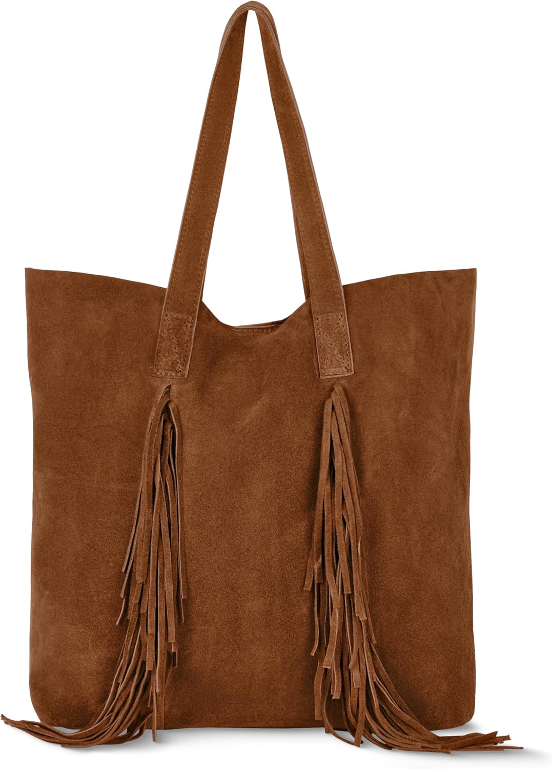 Italian Genuine Suede Tote Bag for Women with Fringe Detail | Medium Top Handle Handbag with Detachable Zip Wallet