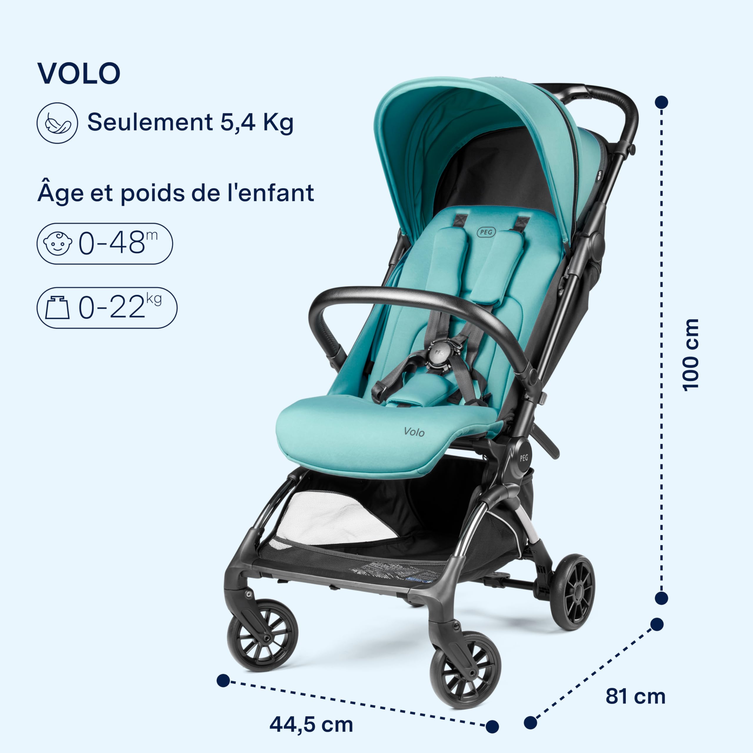 PEG Poussette Légère Volo avec Habillage Pluie, Format Cabine Avion, Ultra Compacte, Dès la Naissance jusqu’à 22 kg, Sac de Transport Inclus, Tahiti