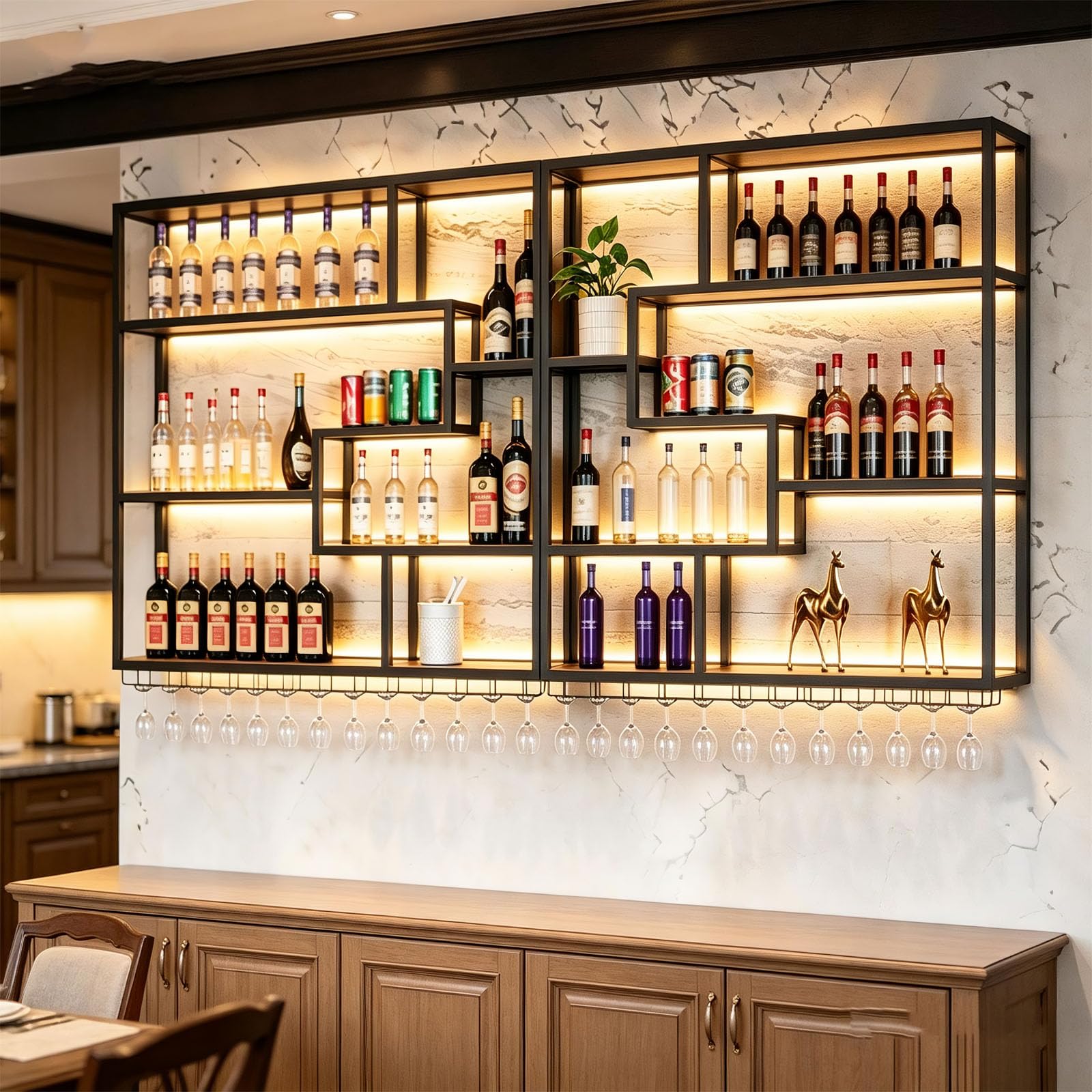 200CM Botellero Pared Vino Negro 200cm con LED y Portacopas | De hierro y madera estilo industrial. Gran capacidad, módulos combinables. Incluye tira LED. Ideal para bar, cocina y comedor