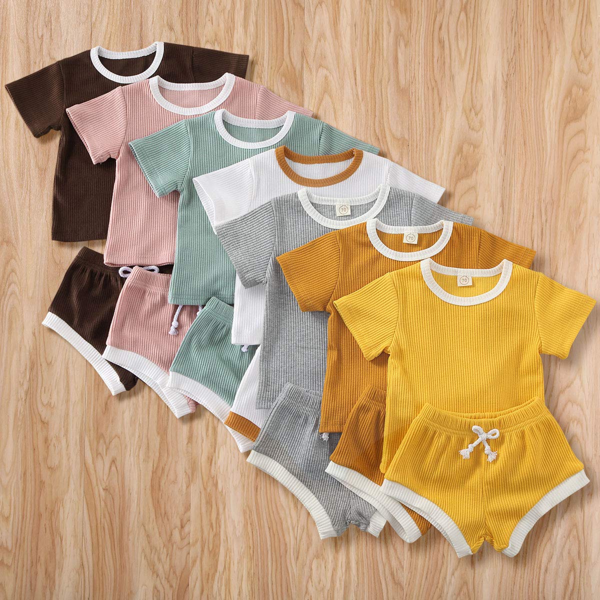 Summer Newborn Baby Boy Girl Clothes Set Unisex Ribbed Outfit Infant Solid Cotton Short Sleeve Tops Shorts 2PCS (Short Set Coffee, 0-6 Months)