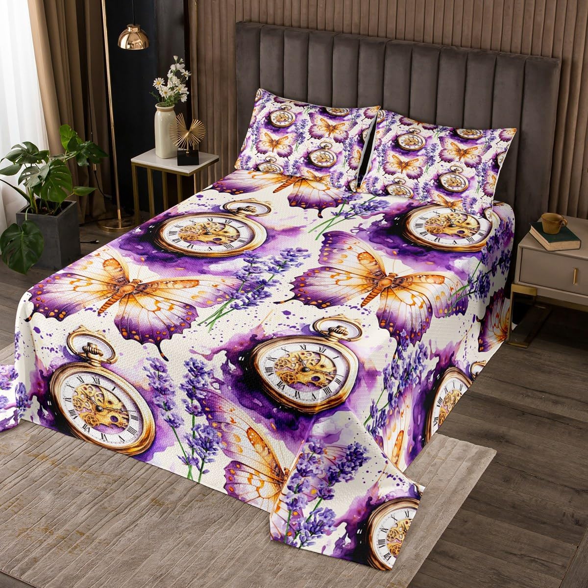 Butterfly Rustic Animal Coverlet Set Chic Lavender Romantic Floral Quilted Coverlet Clock Purple Tie Dye Comforter Set Bedspreads Quilt Set for Children Kids Coverlet Set,Twin Size 2 Pcs