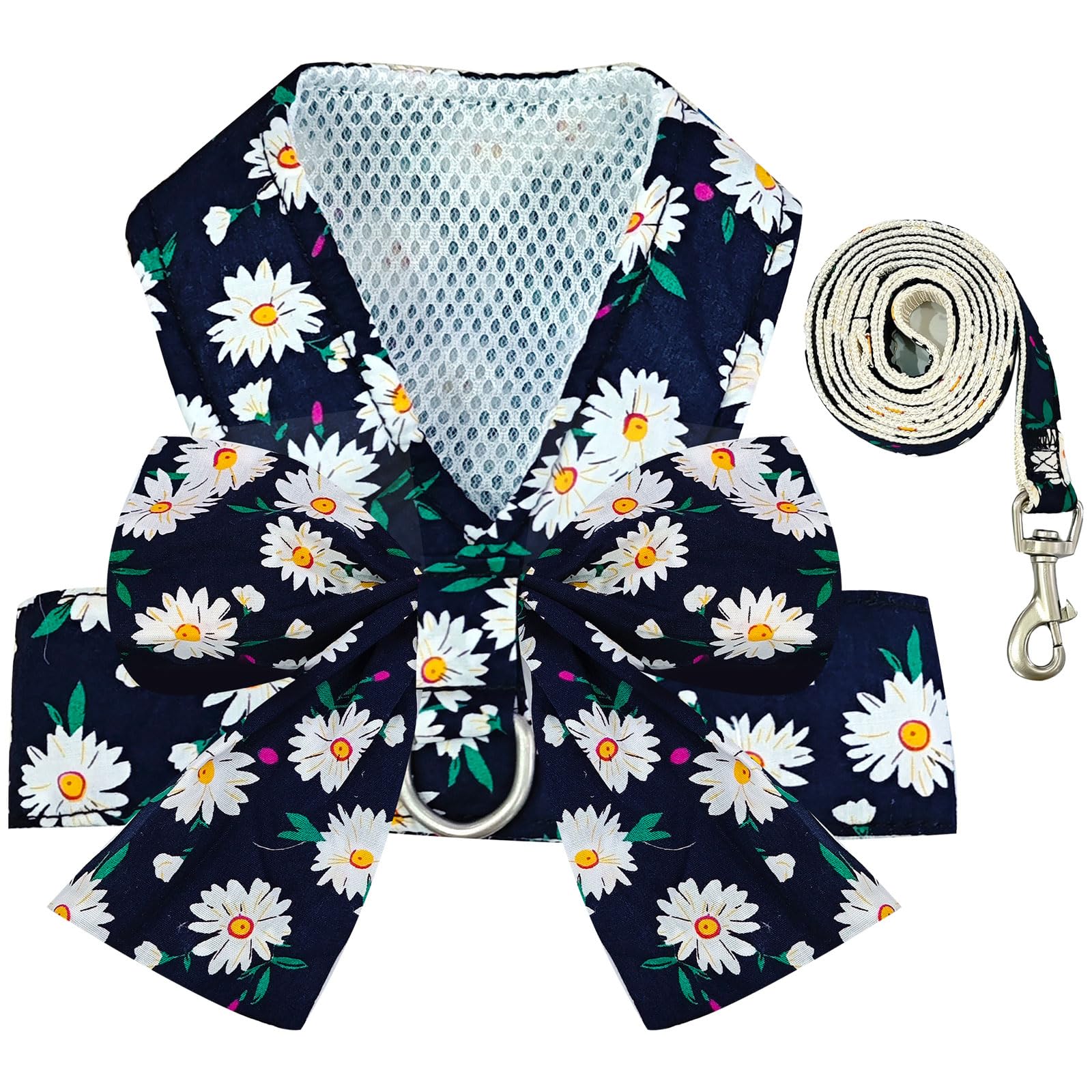 BAEJMJK Dog Harness and Leash Set with Bow Knot No Pull Pet Daisy Floral Harness with D-Ring Soft Mesh Dog Harness Vest Set Escape Proof Princess Puppy Harness for Small Girl Dogs Cats（Navy Blue L）