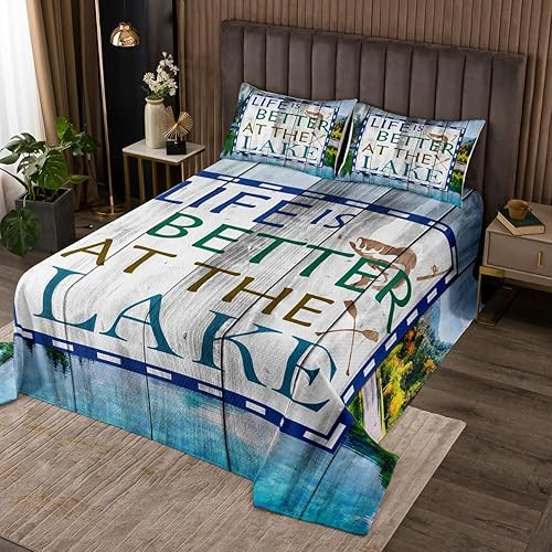 Erosebridal Juego de colcha acolchada de pesca en el lago, tamaño King para niños, adultos y hombres, juego de colcha rústica de madera de granja