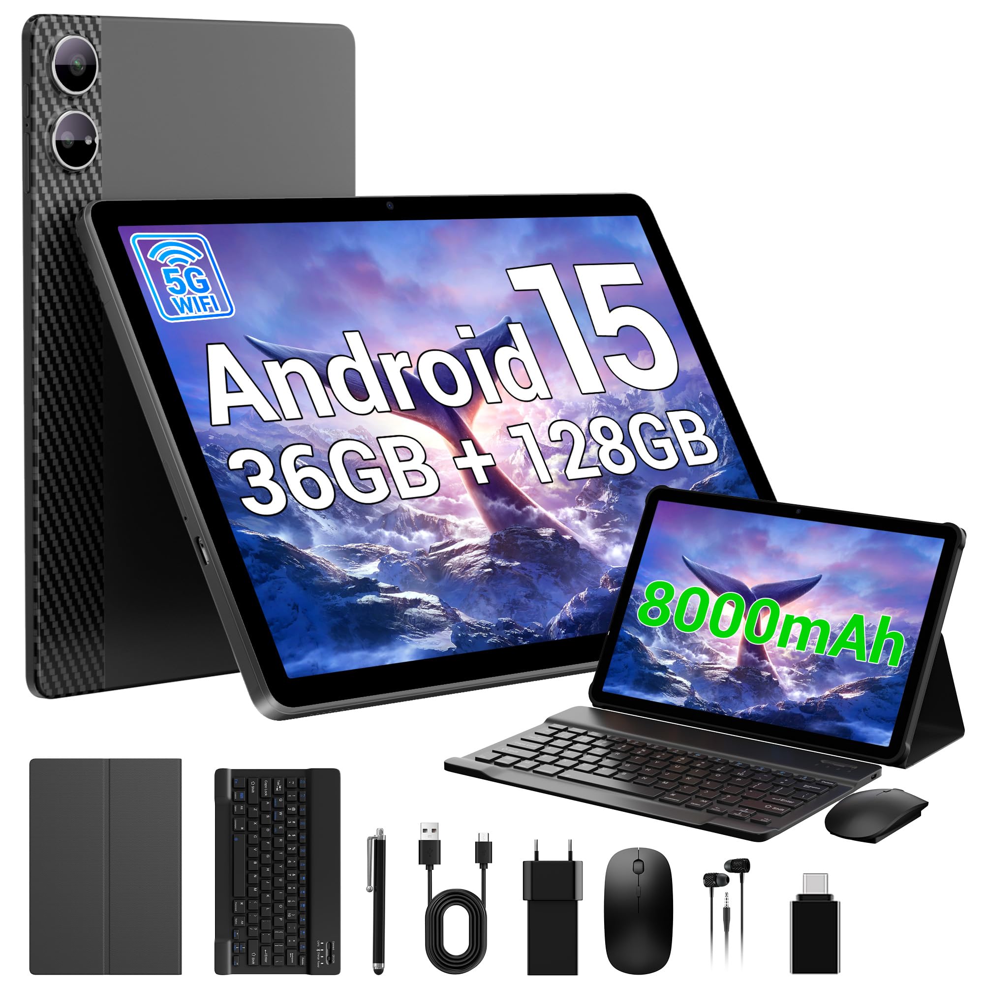 Tablet de 10 Pulgadas con Teclado y ratón, 36 GB de RAM + 128 GB de ROM + 2TB Ampliable, Octa-Core, 5G/2.4 GHz WiFi, Widevine L1, Android 15, Carcasa metálica, tabletas con bolígrafo/Funda
