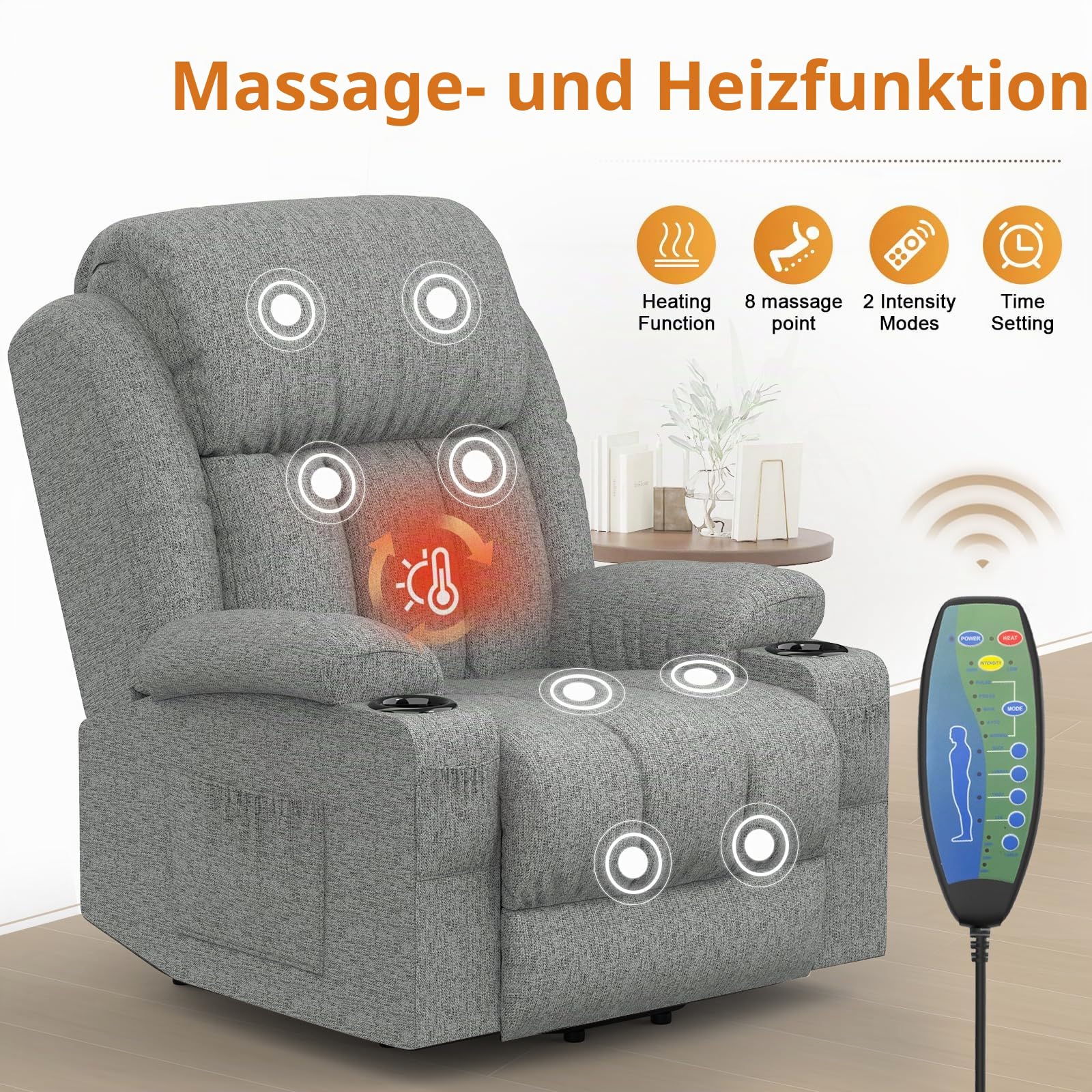 Fernsehsessel Elektrisch Verstellbar, Aufstehhilfe Massagesessel mit Massage Wärmefunktion Seniorensessel für Senioren, 2 Seitentaschen und Getränkehalter,USB+ Typ-C Anschluss