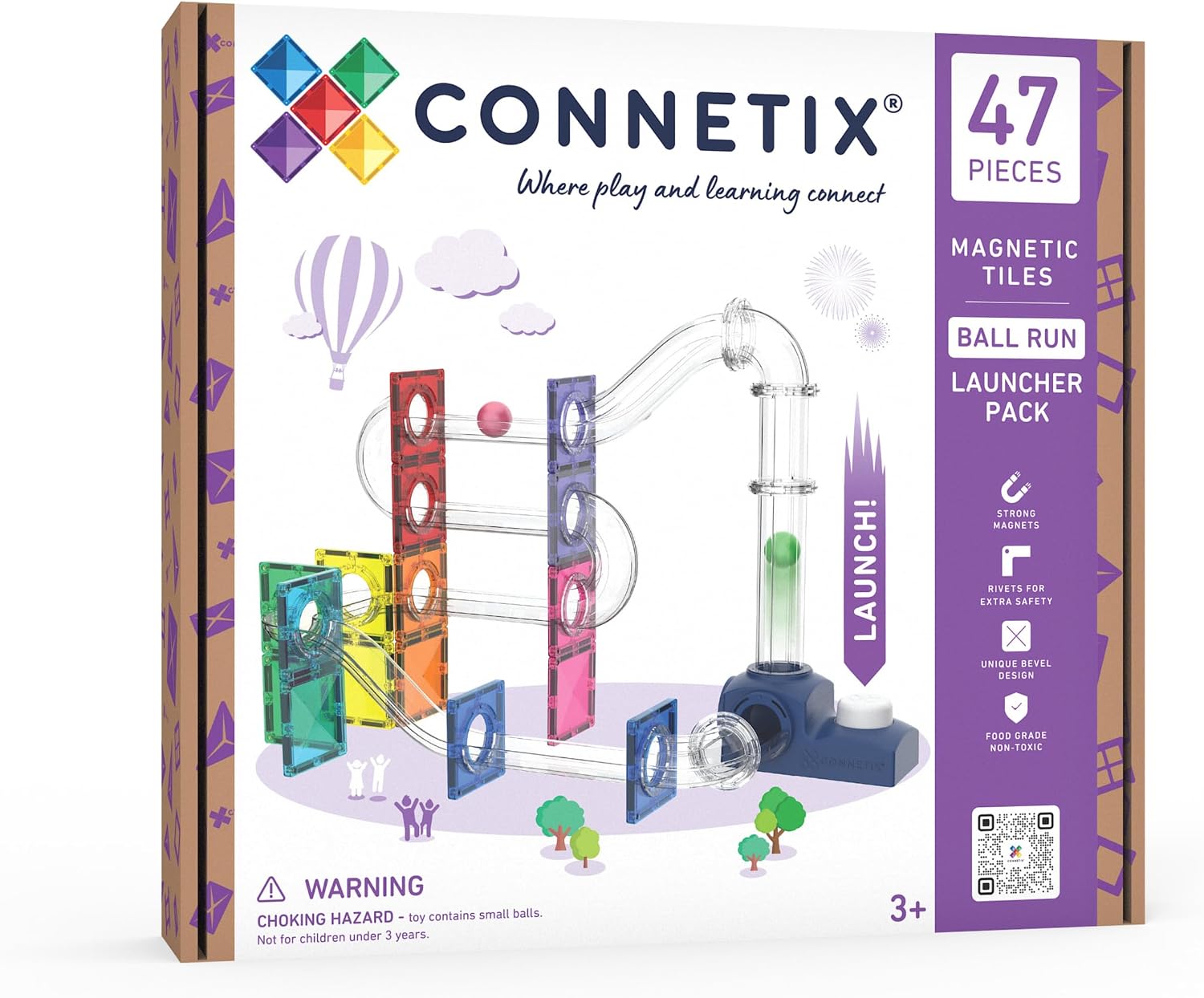 CONNETIX Magnetic Tiles Ball Run Launcher Pack, 47 Pieces