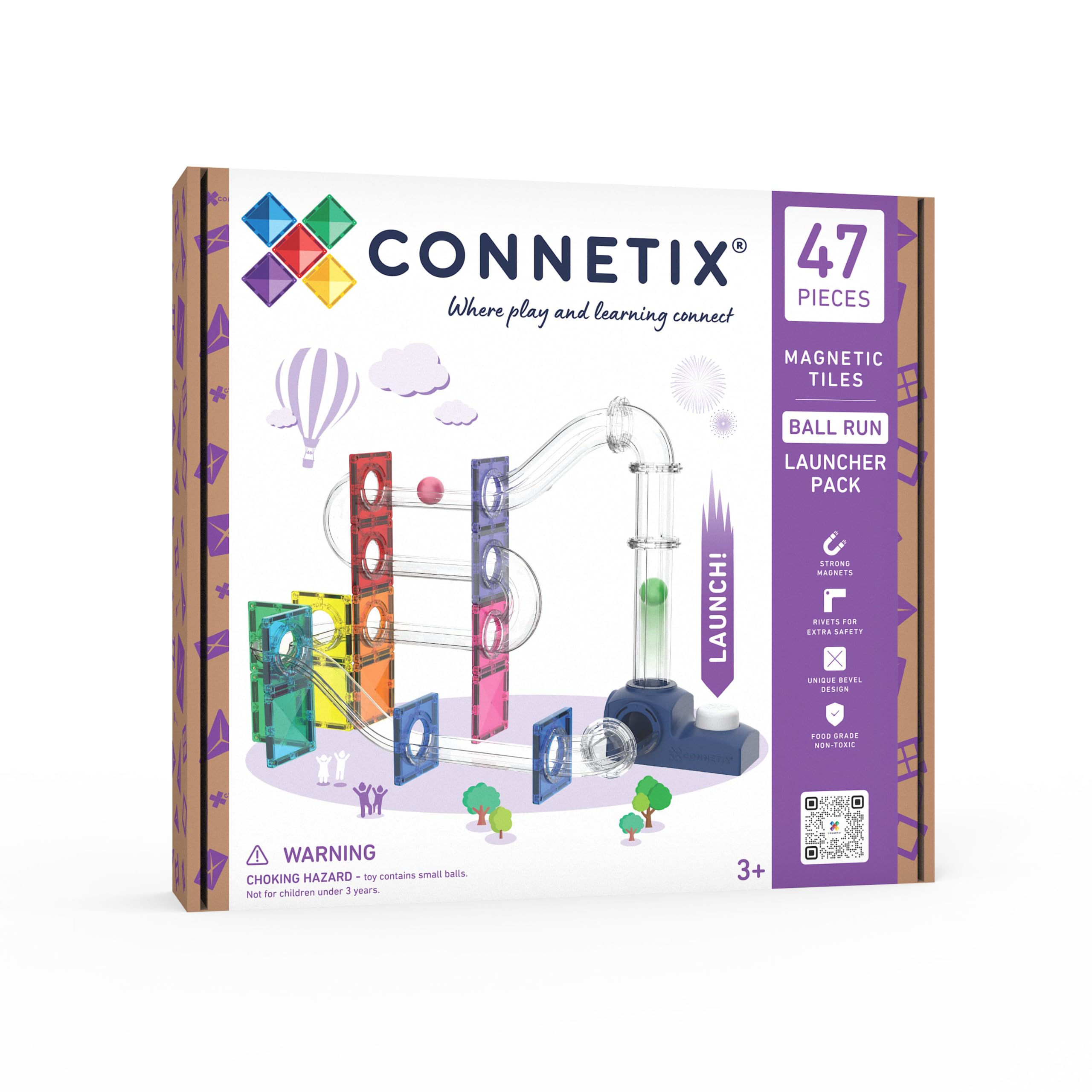 CONNETIX Magnetische Bausteine Kugelbahn Katapult Pack, 47 Stück | Starte hoch hinaus, baue kreativ und entdecke Kraft und Bewegung mit starkem Katapult, Röhren und Holzkugeln. Ab 3 Jahren.
