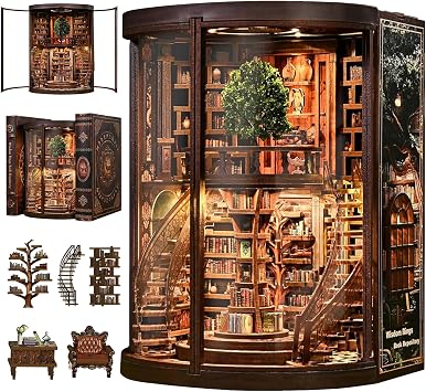 Book Nook Kit for Bookshelf Tree of Wisdom Library 3D Wooden Puzzle, DIY Miniature Dollhouse with LED Lights, Fantasy Book Shelf Insert Decor Tree of Wisdom Library