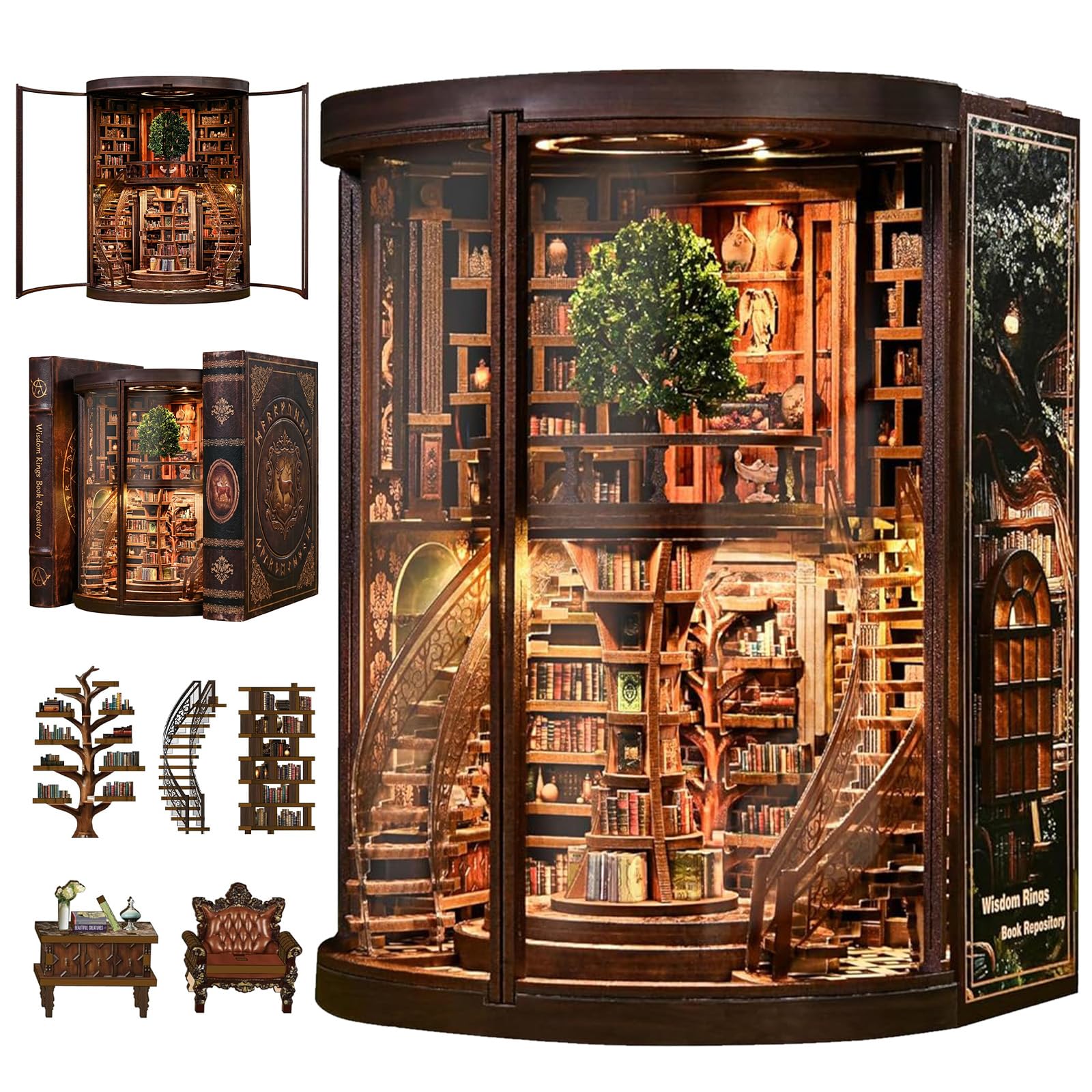 Book Nook Kit for Bookshelf —Tree of Wisdom Library 3D Wooden Puzzle, DIY Miniature Dollhouse with LED Lights, Fantasy Book Shelf Insert Decor (Tree of Wisdom Library)