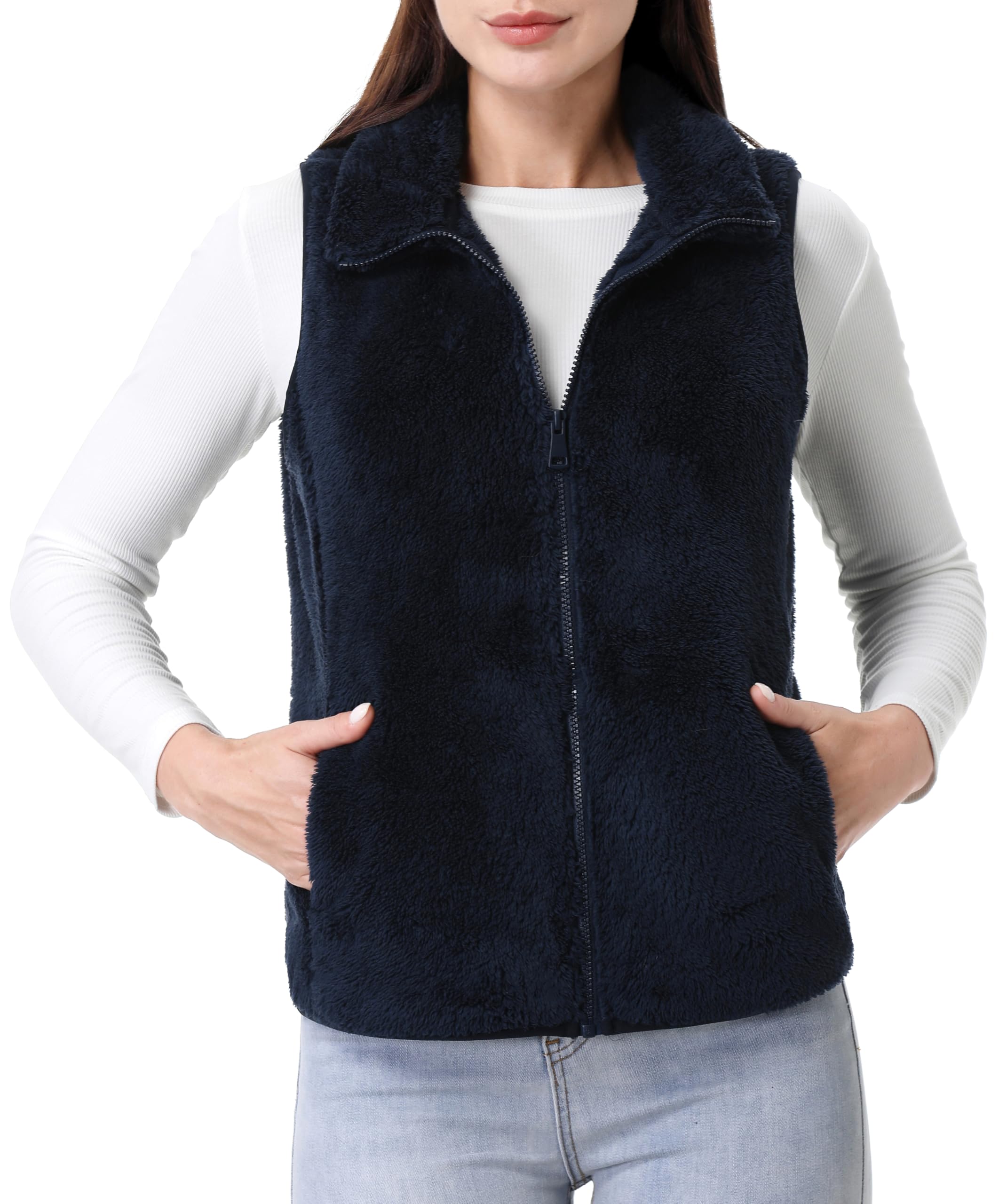 gimecen womens fuzzy sherpa fleece vest lightweight sleeveless jacket full zip outerwear polar soft waistcoat