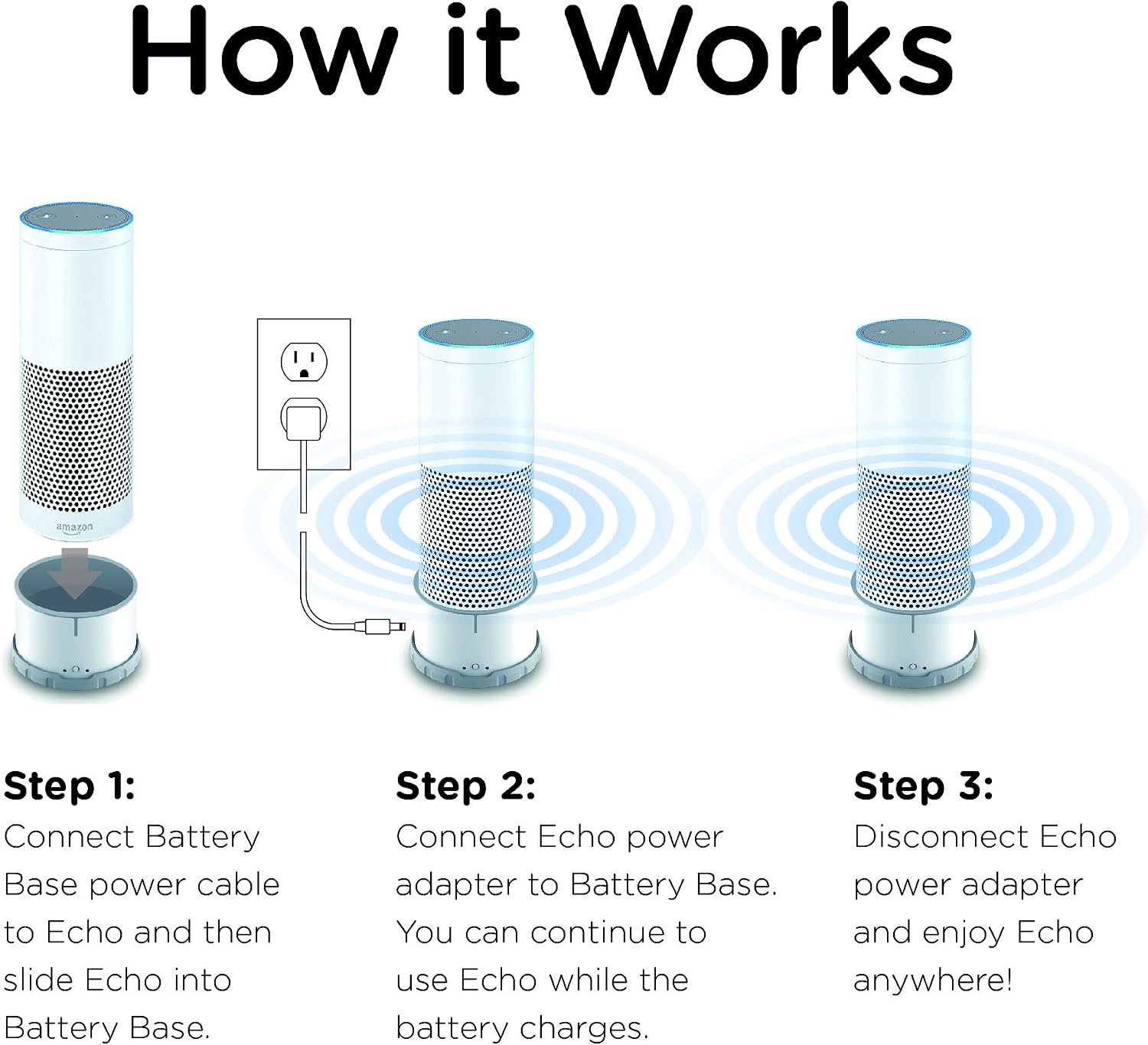 Portable Battery Base for Echo (Use Echo Anywhere) - New Version (White)