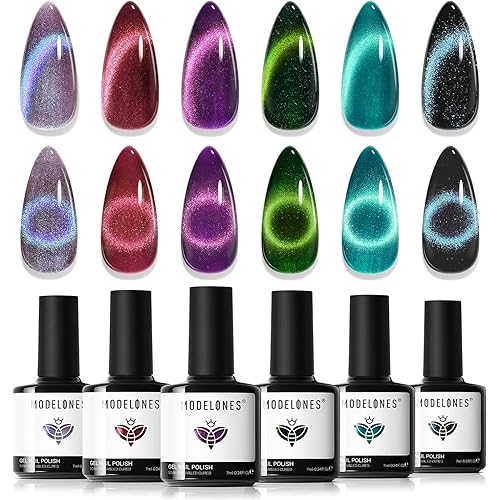 modelones Cat Eye Gel Nail Polish, 6 Colors Glitter Red Green Purple Blue Gel Polish Set with Magnet Sparkle Galaxy Series Nail Gel Polish Kit Soak Off Led Nail Art Manicure Salon DIY Gifts