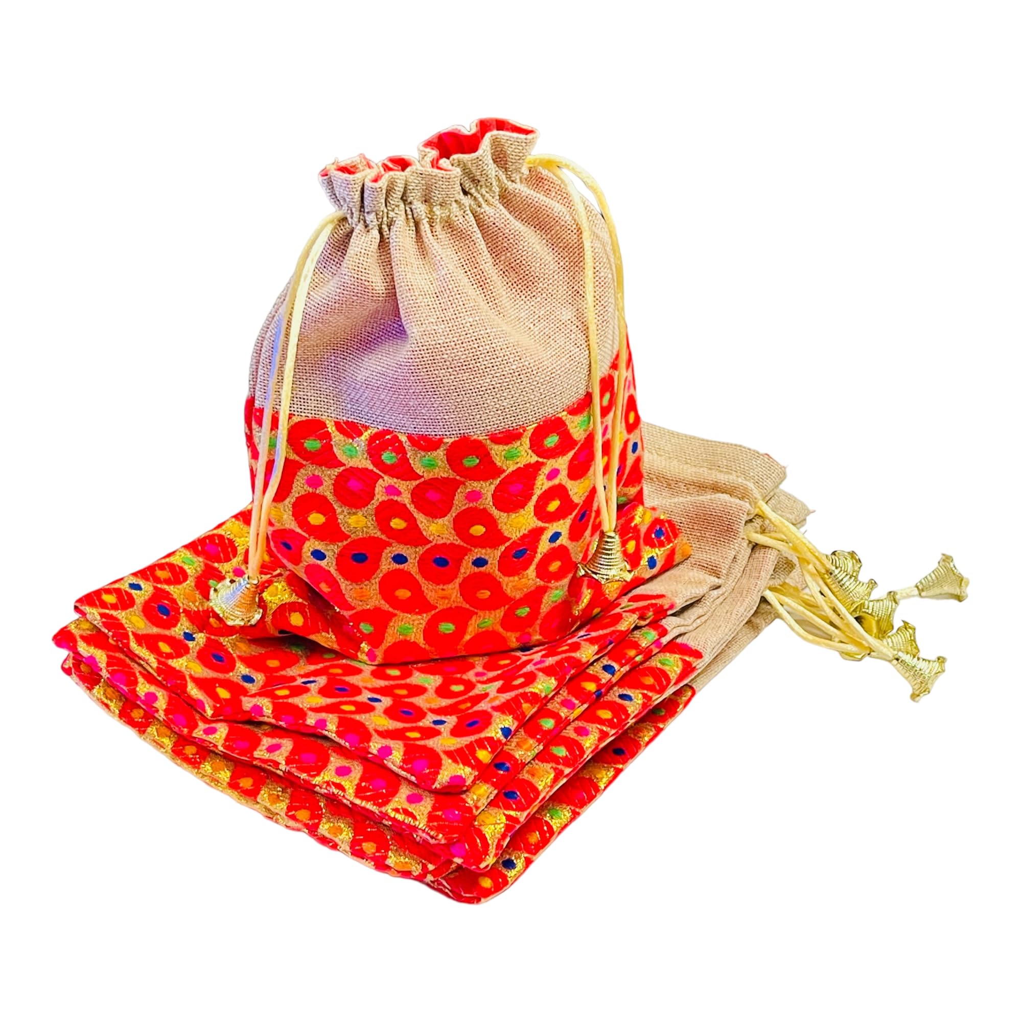 KRIWIN Pack of 20 pcs Big Size Brocade & Jute Potli Gift Bags (23 X 18 cm) Red & Beigeb 500 gr capacity-image-28