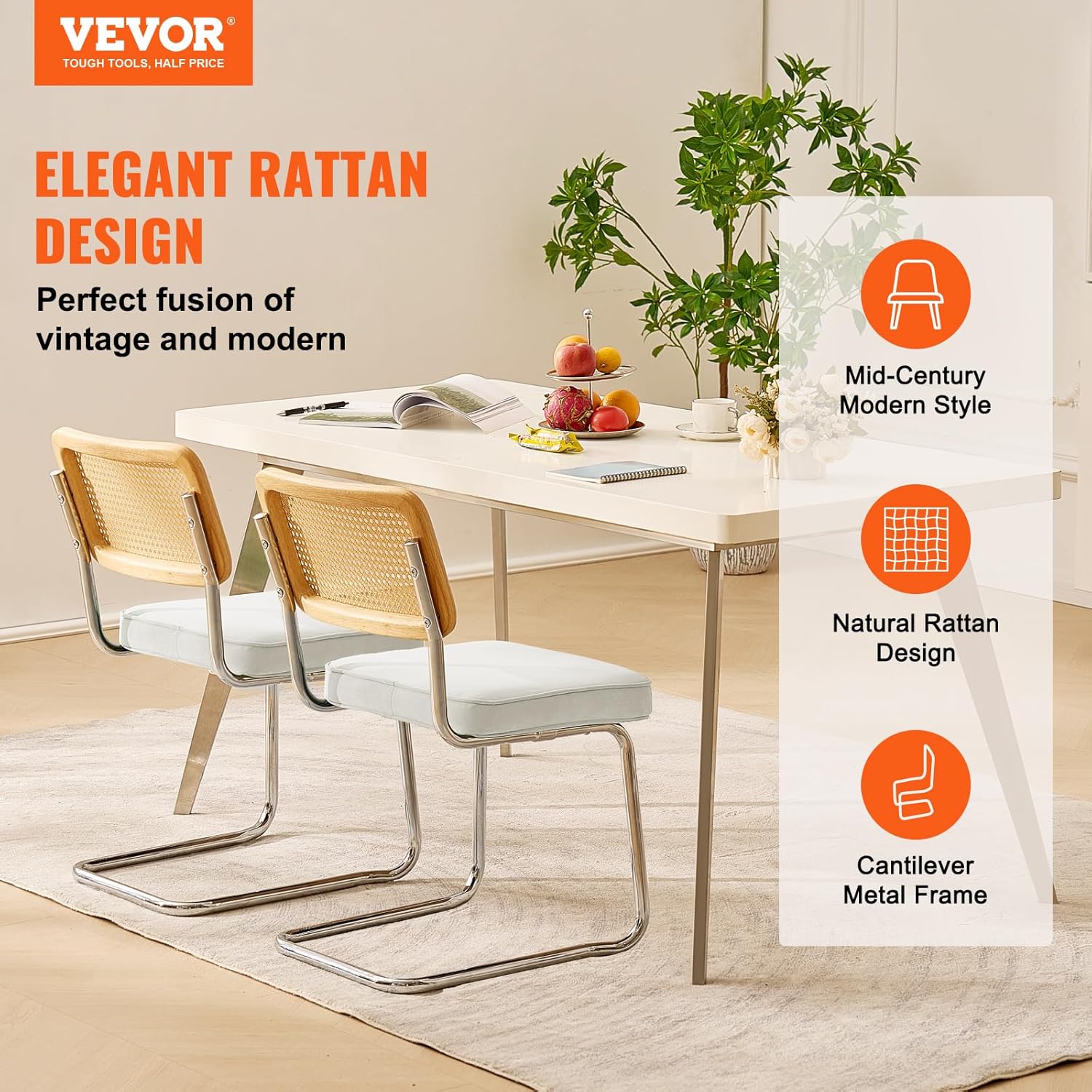 VEVOR Rattan Chairs Set of 2, Mid Century Modern Dining Chair, Upholstered Velvet Accent Chair with Rattan Back, Retro Dining Room Kitchen Chair for Living Room, Bedroom (18.1 Inch)