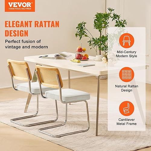 Miniatura 4 de VEVOR Juego de 2 sillas de ratán, sillas de comedor modernas de mediados de siglo, silla decorativa de terciopelo tapizada con respaldo de ratán,