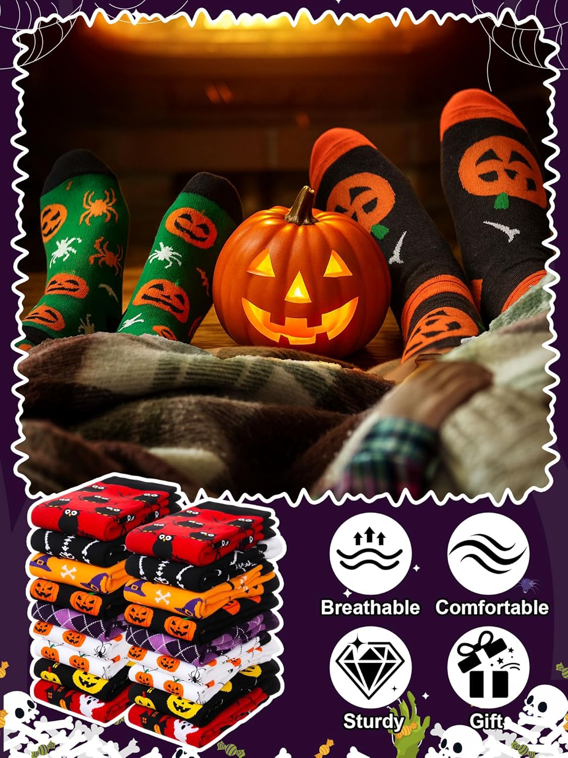 48 Pairs Halloween Socks Bulk for Adults Unisex Men Women Trick or Treat Boo Spooky Ghost Pumpkin Themed Orange Black Dress Soft Comfortable Socks for Halloween Holiday Gifts