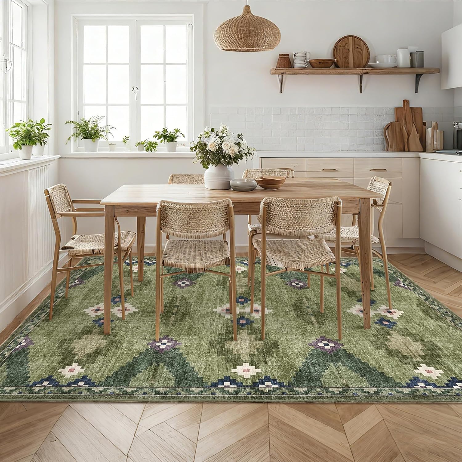 Mid Century Green Rug 5x7 Washable Large Living Room Area Rugs Non Slip Stain Resistant Boho Tribe Bedroom Throw Carpet Soft Geometric Modern Rugs for Dining Room Dorm Nursery Home Office, Green