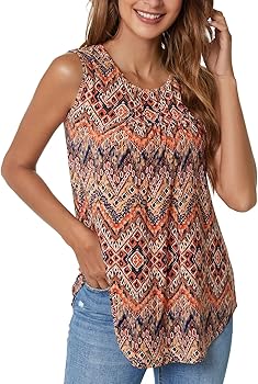 SUNNEGOO Women's Sleeveless Tank Tops Printed Pleated Loose Casual Blouse Shirt Flare Tunic Tank Tops for Women Summer