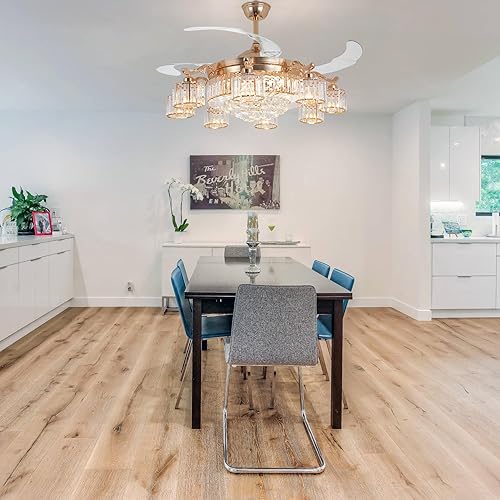 Miniatura 3 de MORE CHANGE Ventilador de techo de cristal de 42 pulgadas con luz y control remoto, ventilador de techo de lujo de oro rosa con aspas retráctiles,