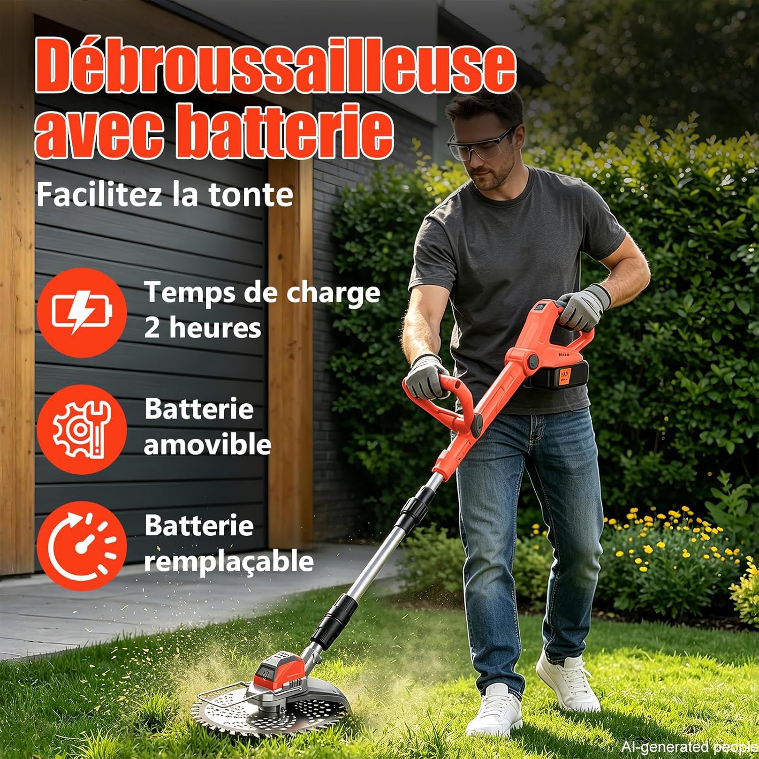 Debroussailleuse Electrique sans Fil, 21V Coupe Bordure sans Fil avec Batterie, Batterie Debrouissalleuses avec 3 Lames, Débroussailleuse Rétractable Convient Aux Jardins et Aux Pel (Rouge-1)