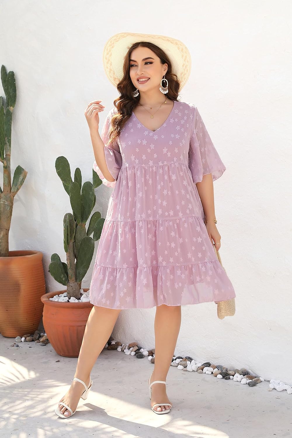 Women's Plus Size Summer Chiffon Loose Fit Dress Casual V Neck Belly Sleeve Babydoll Maternity Dress Sundress