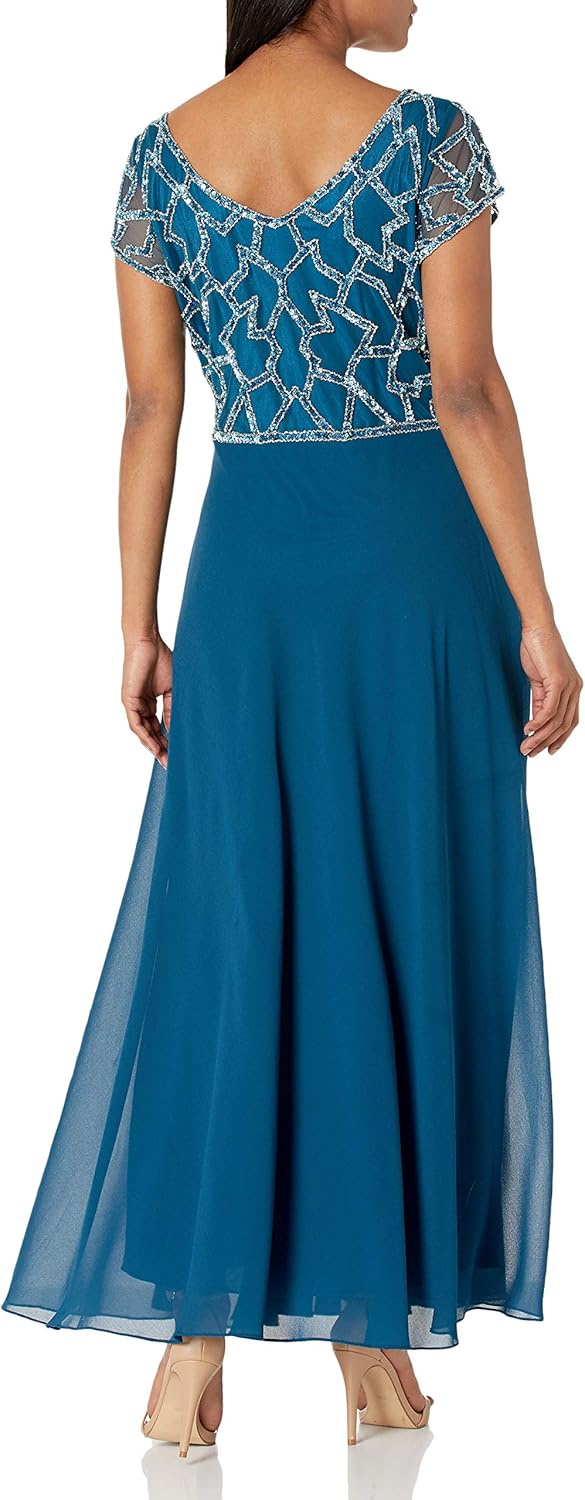 J Kara Womens Petite Short Sleeve Geo Long Beaded Gown - Image 2