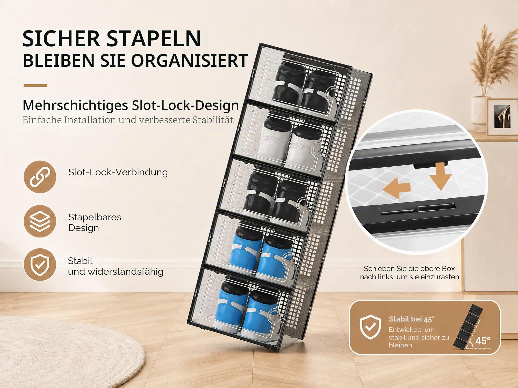 Kuject Große Schuhboxen für Schrank, passend für Größe 46, transparente Kunststoff-Stapelbare Sneaker-Behälter mit Deckel, großartiger Ersatz für Schuhregal, schwarz, 12 Stück