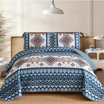 Dintszyayue Aztec Boho Quilt Set Queen, Navy Blue Lightweight Bedspread