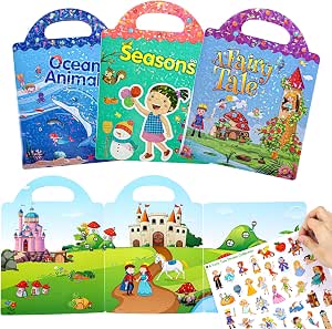 Seamart Libro Adesivi Attacca e stacca Bambini, 4 Pezzi Album Stickers con Adesivi Riutilizzabili, Giochi da Viaggio creativi per Bambini e Bambine dai 3 Anni in sù