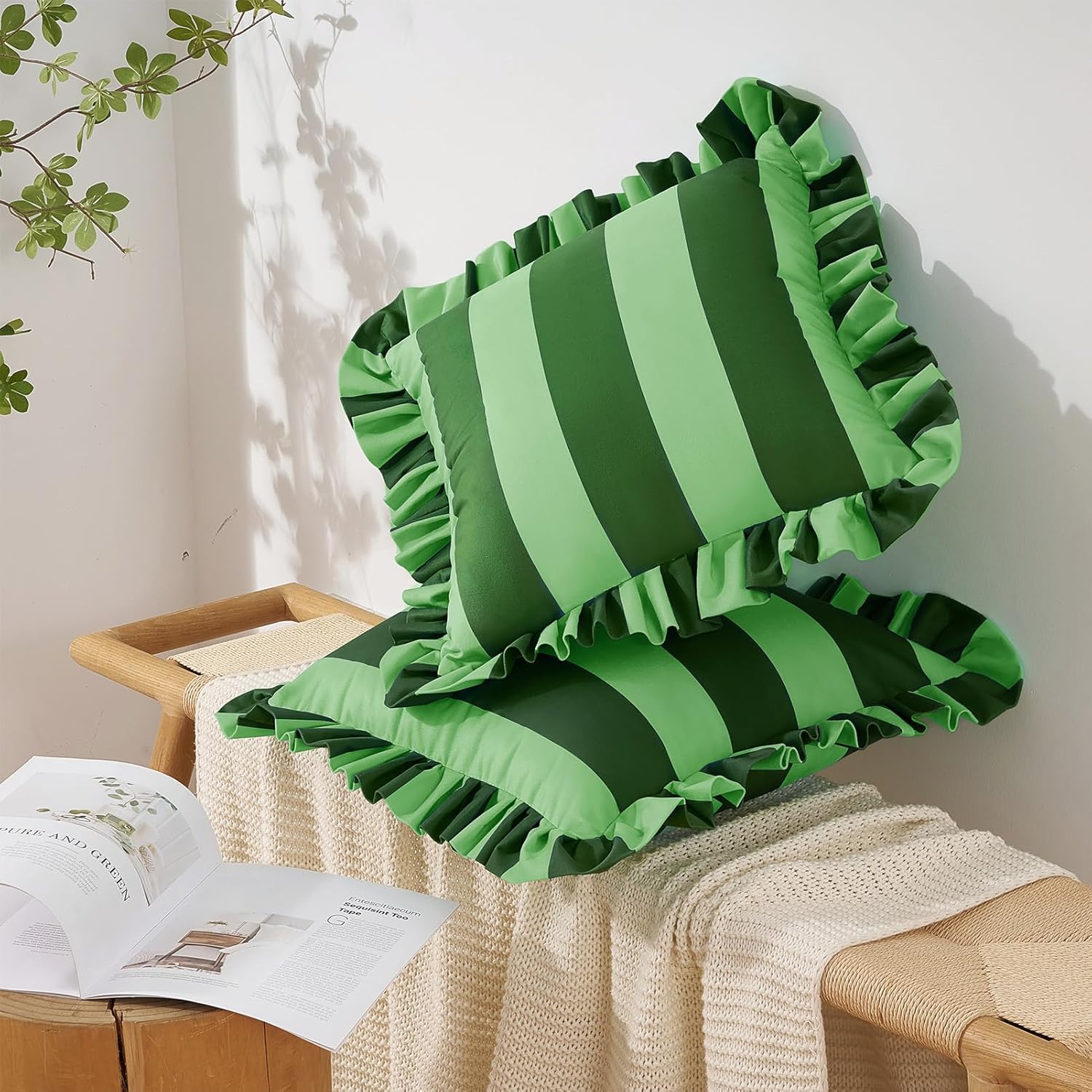 MONDAY MOOSE Decorative Throw Pillow Covers, Set of 2 Water-Resistant Striped Design with Ruffle Edge for Outdoor/Indoor Use, Pillow Inserts Not Included (18x18 inch, Green/Light Green)